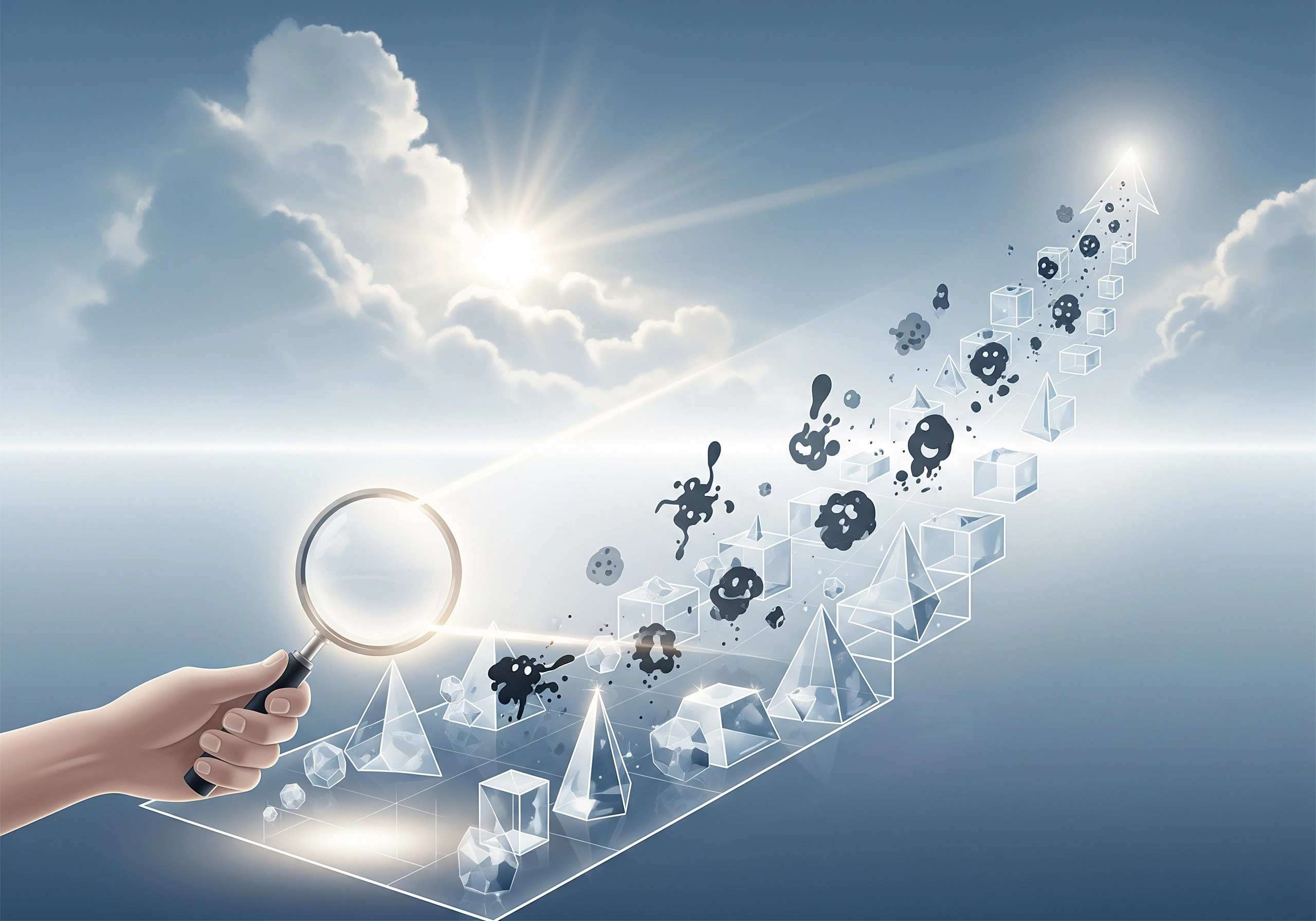 Hand holding magnifying glass over arrow of geometric shapes towards sunlit sky.