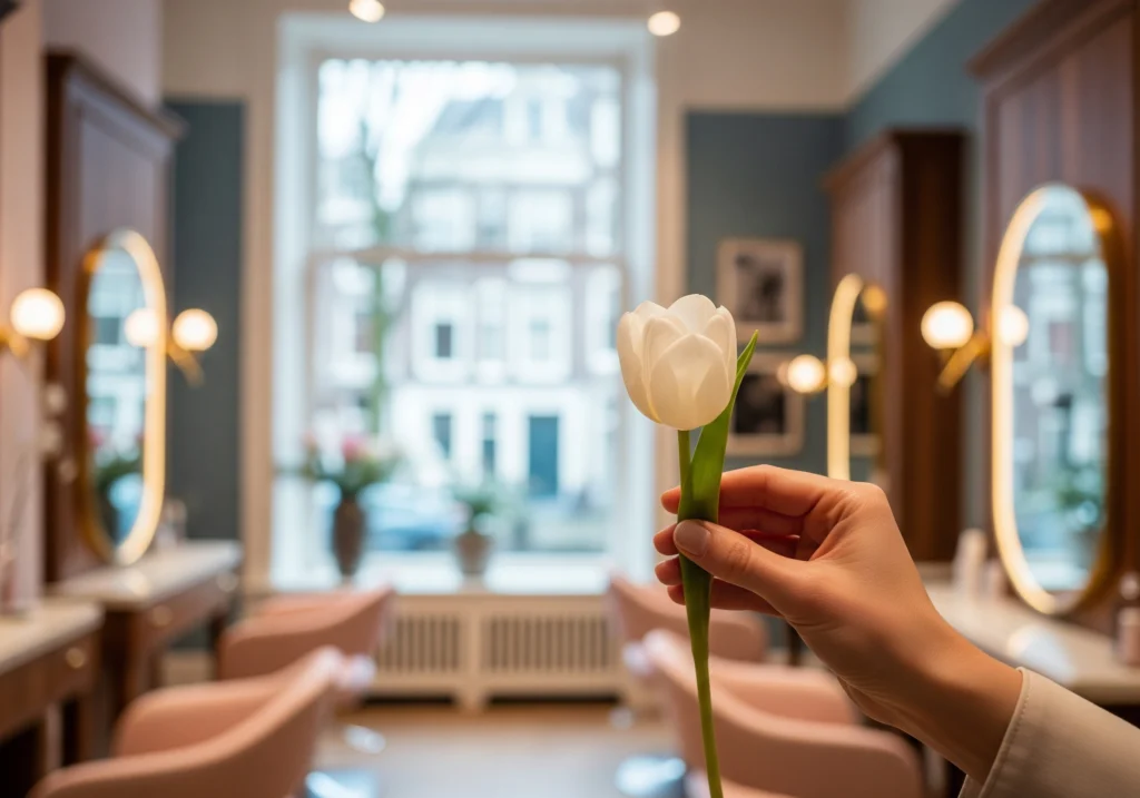Hand holding white tulip in Amsterdam beauty salon, showing client appreciation.