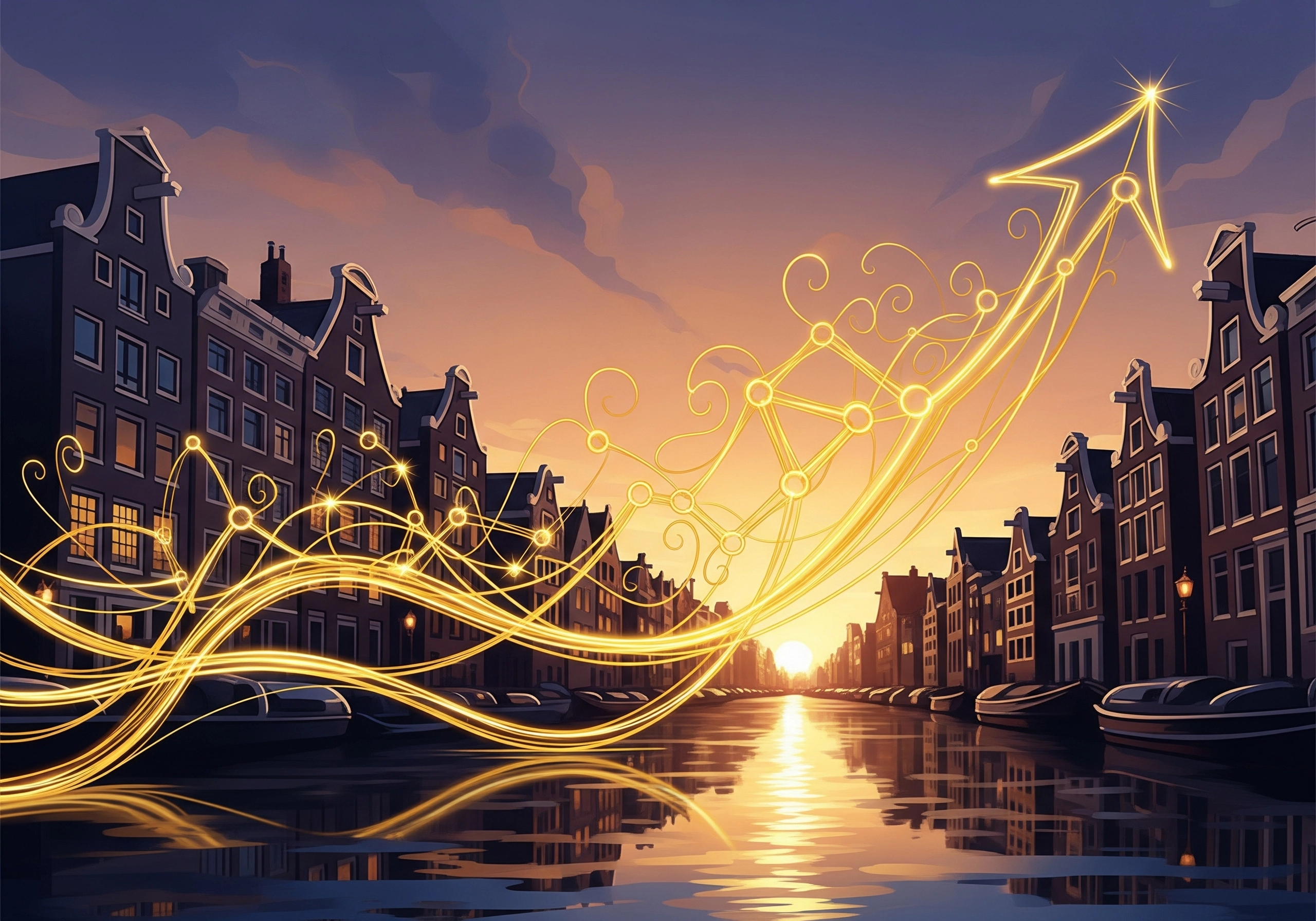 Glowing arrow over canal in Amsterdam at sunset, showing growth and direction.