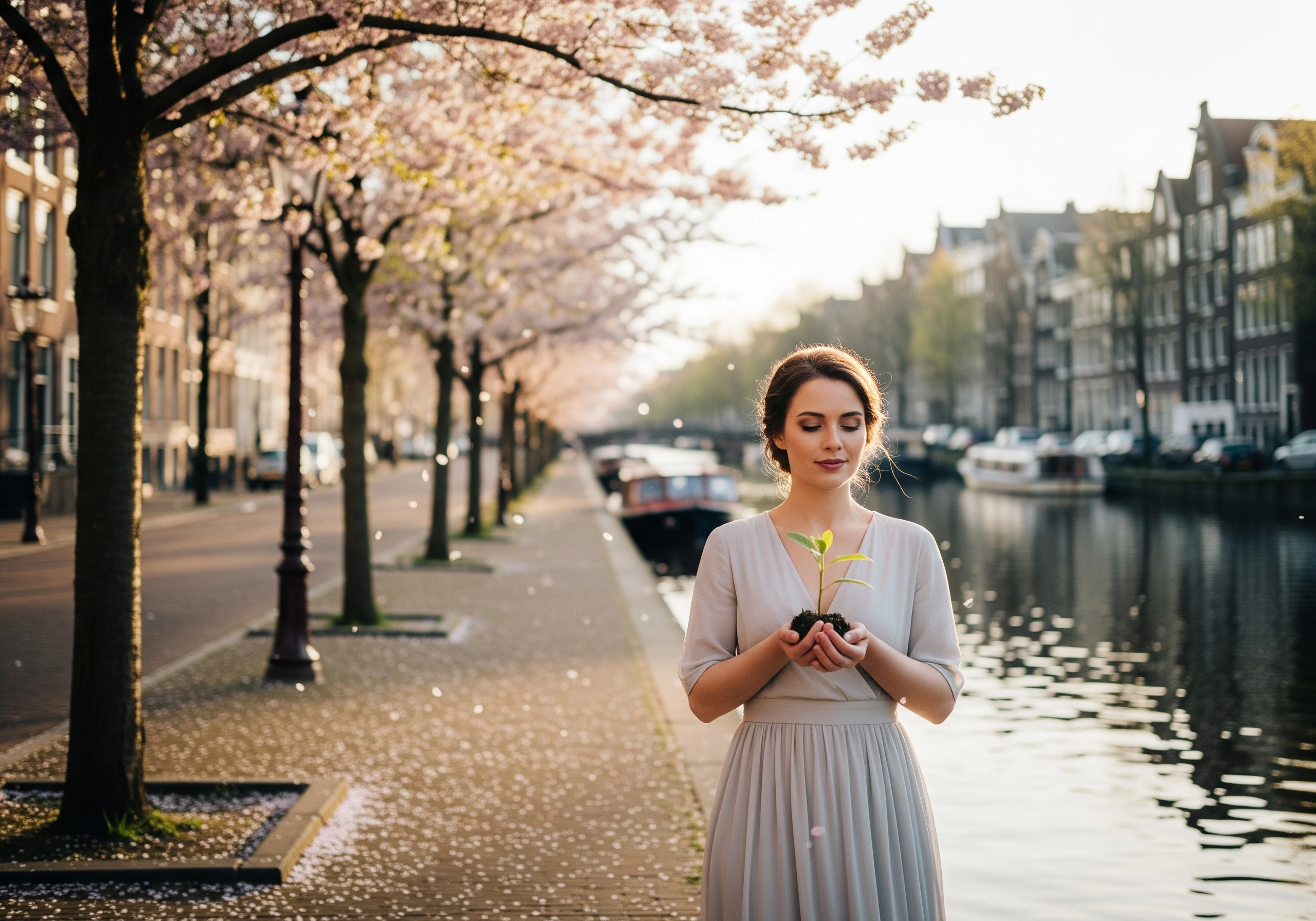 Woman holds seedling on Amsterdam canal with cherry blossoms. Local beauty spots Amsterdam.