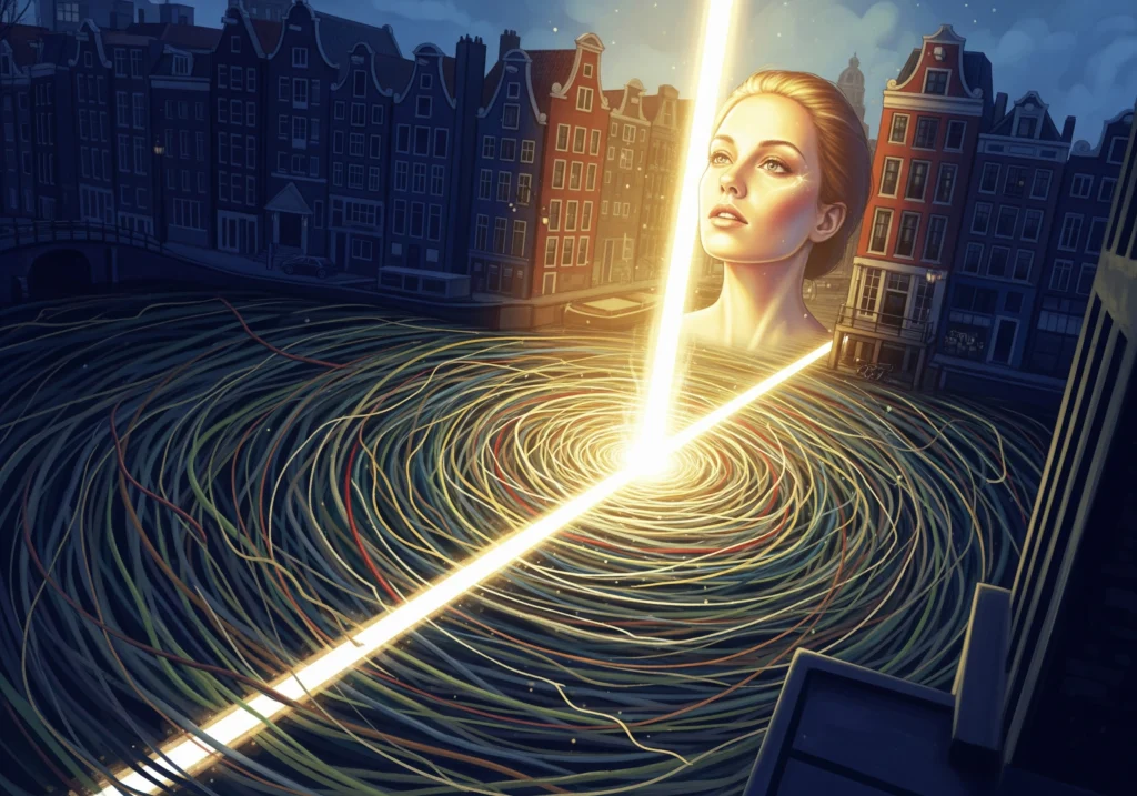 Woman looking up at a laser beam in Amsterdam, representing laser skin rejuvenation.