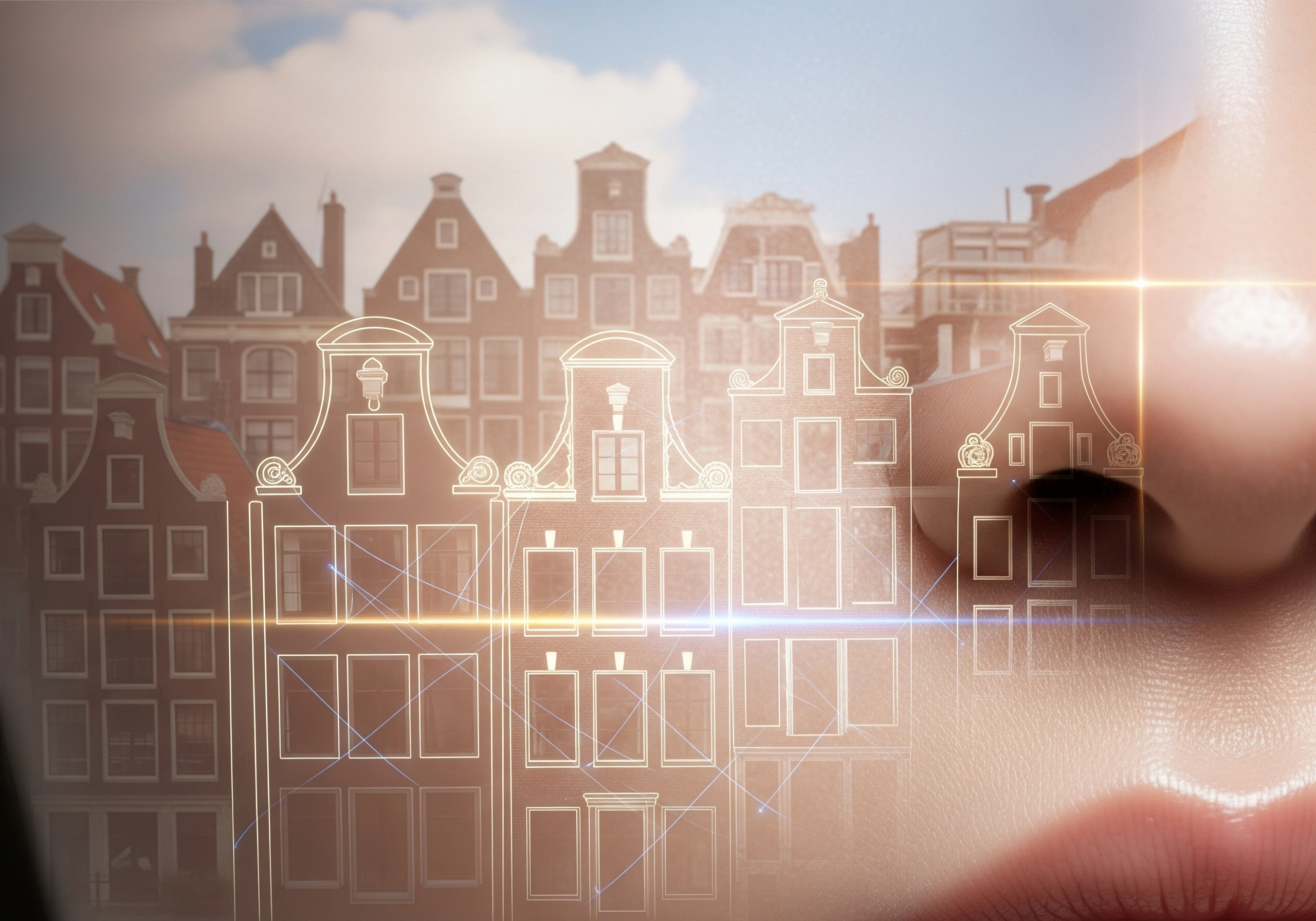 Close-up of a woman's face with Amsterdam houses overlaid, showing carbon peeling concept.
