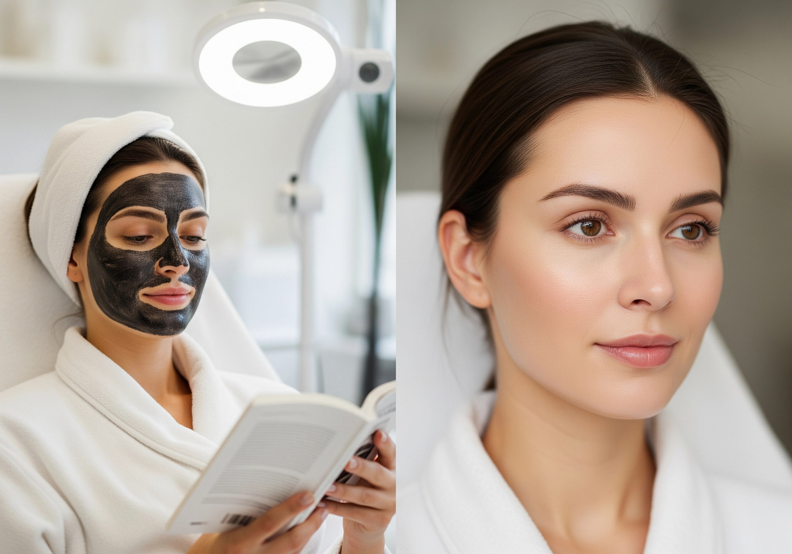 Before and after: Woman with carbon peel facial treatment and clear skin afterward.