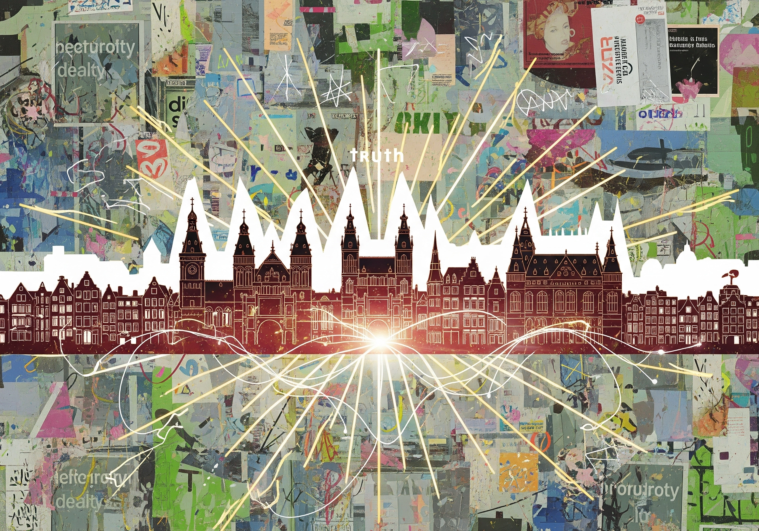 Amsterdam skyline silhouette over a collage with the word truth, representing carbon peel myths.