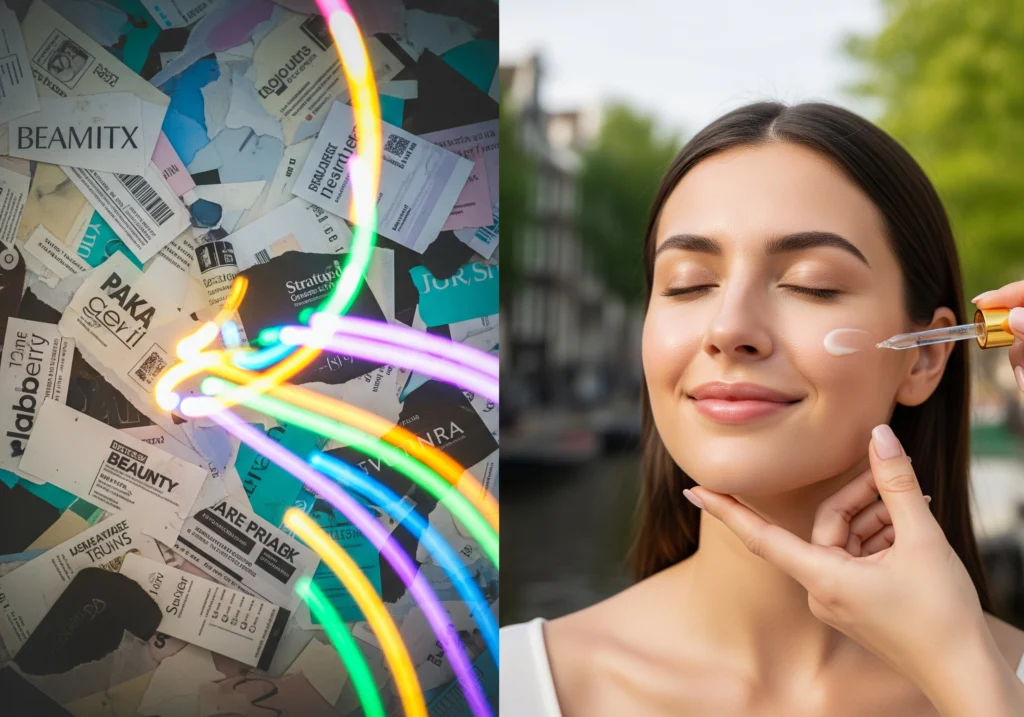 Collage of Amsterdam beauty salon business cards with woman receiving beauty treatment.
