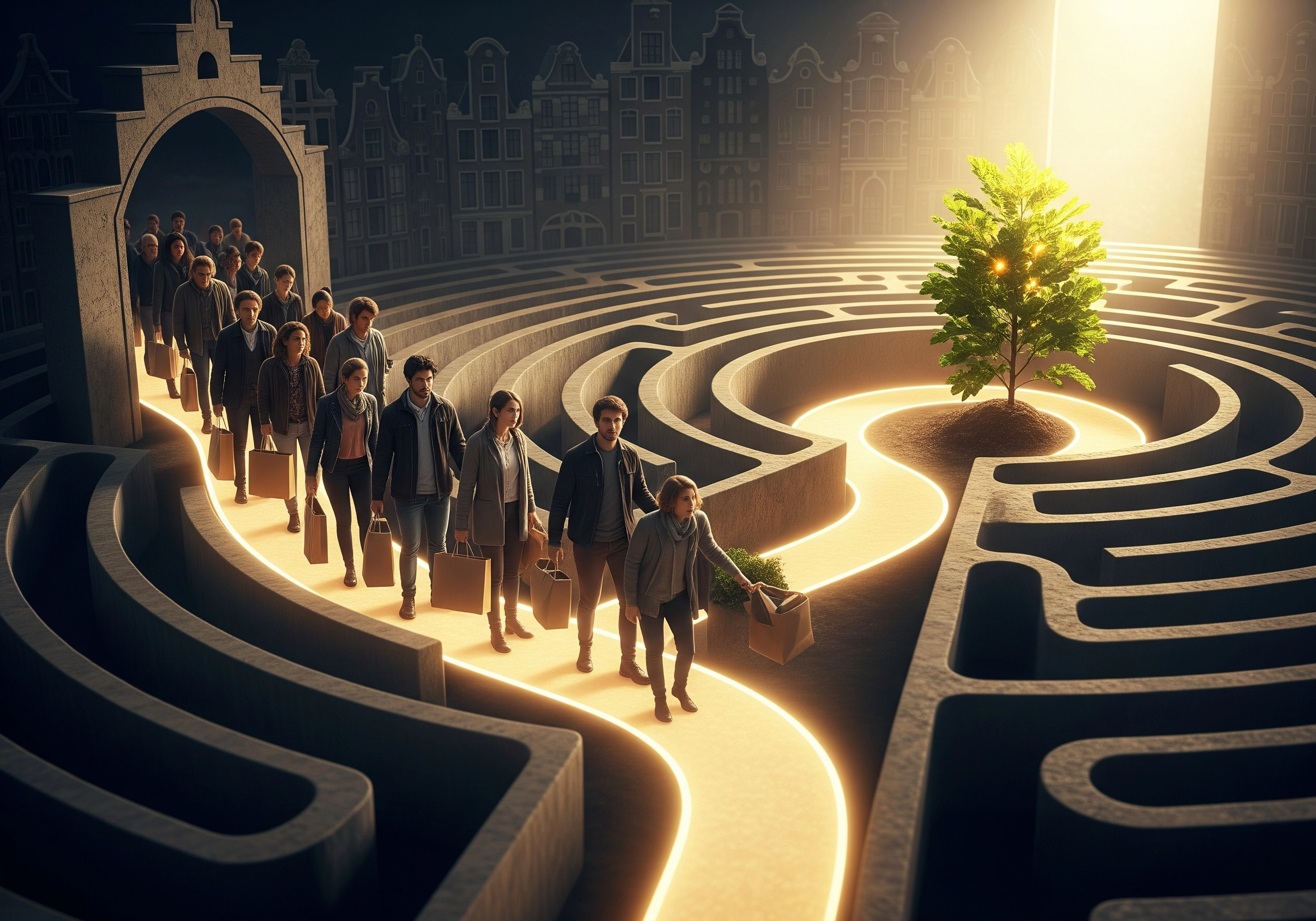 People walking through a maze toward a tree, representing finding trusted Amsterdam beauty.