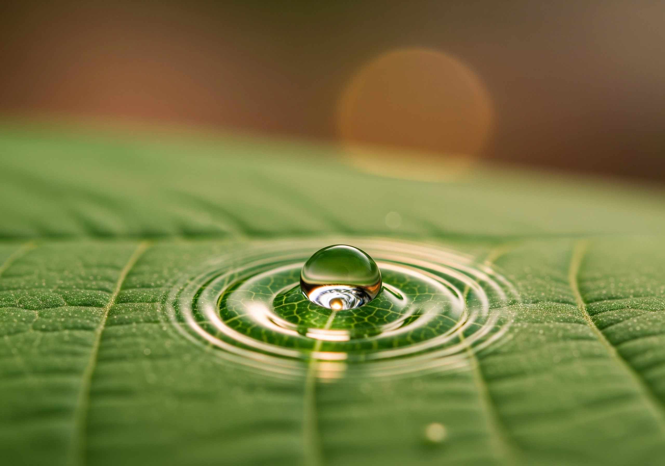 Water droplet on a green leaf with concentric ripples.