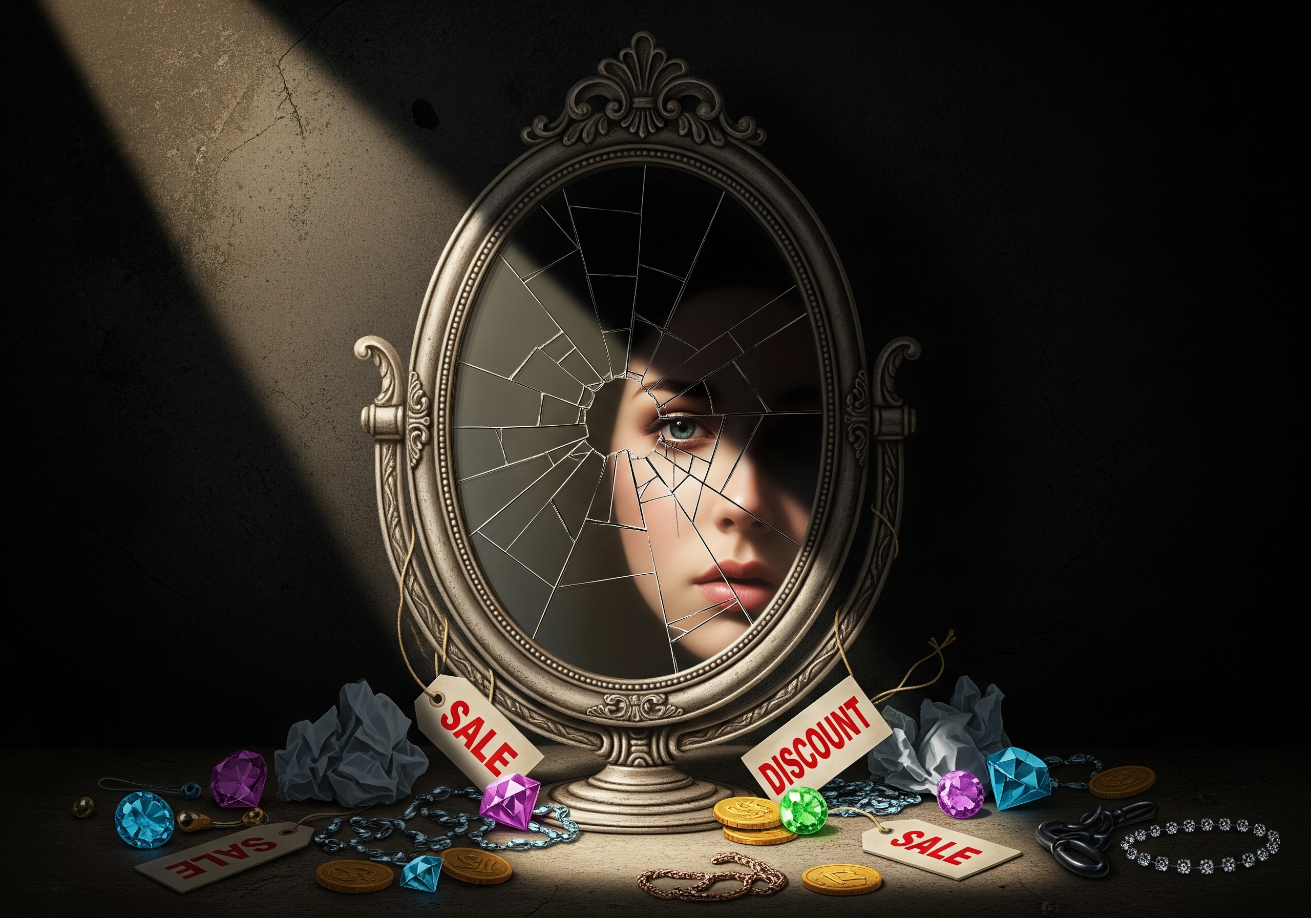 Cracked mirror reflecting a woman's face, surrounded by jewelry and sale tags.