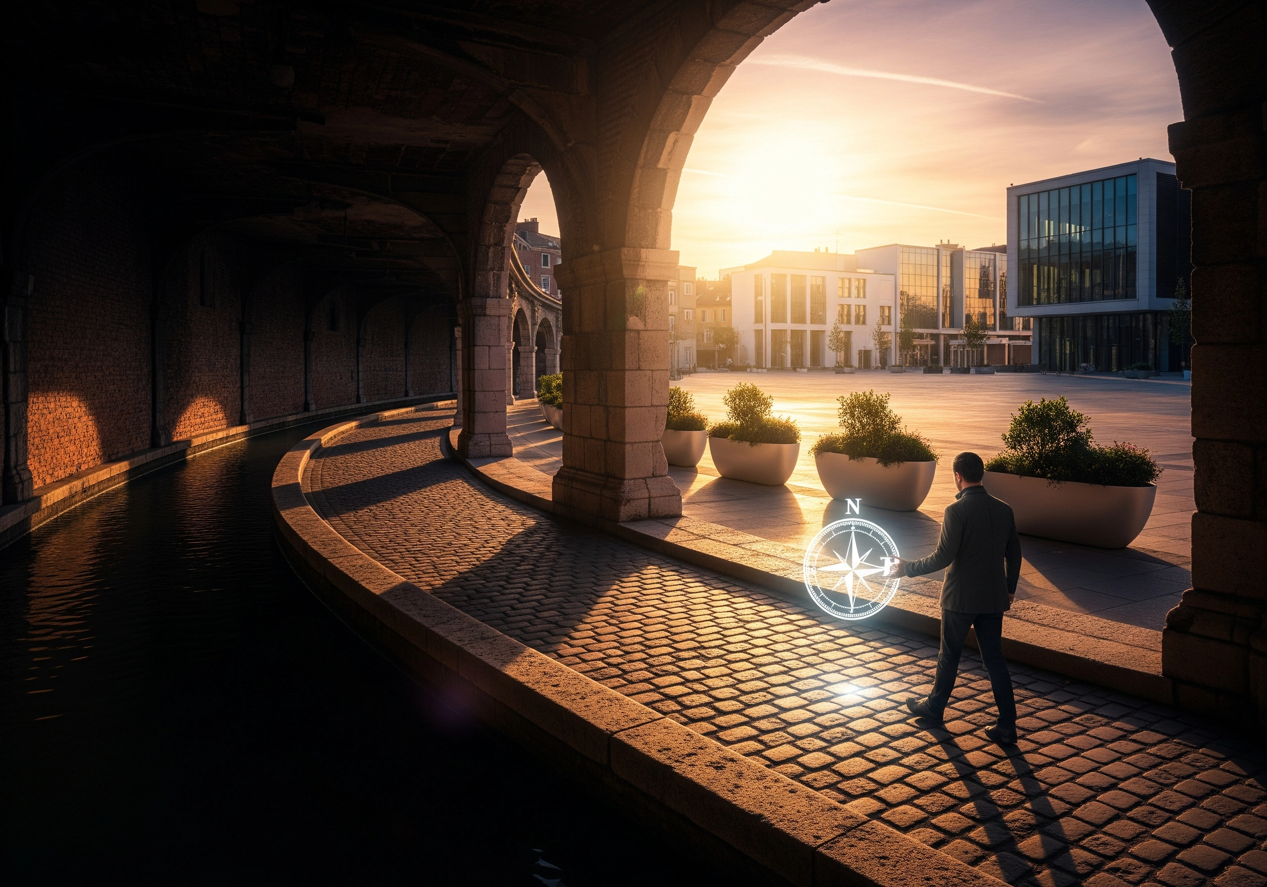 Man with compass under stone archway, sunlight reflecting on modern Amsterdam architecture.