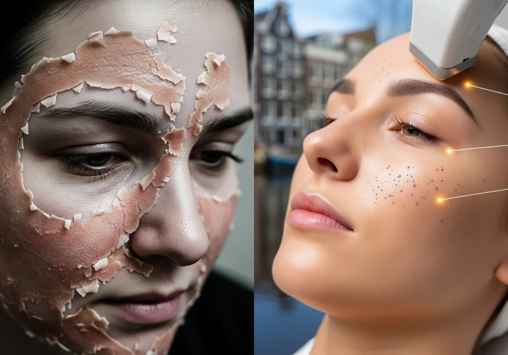 Before and after of a carbon laser facial in Amsterdam, showing skin rejuvenation.