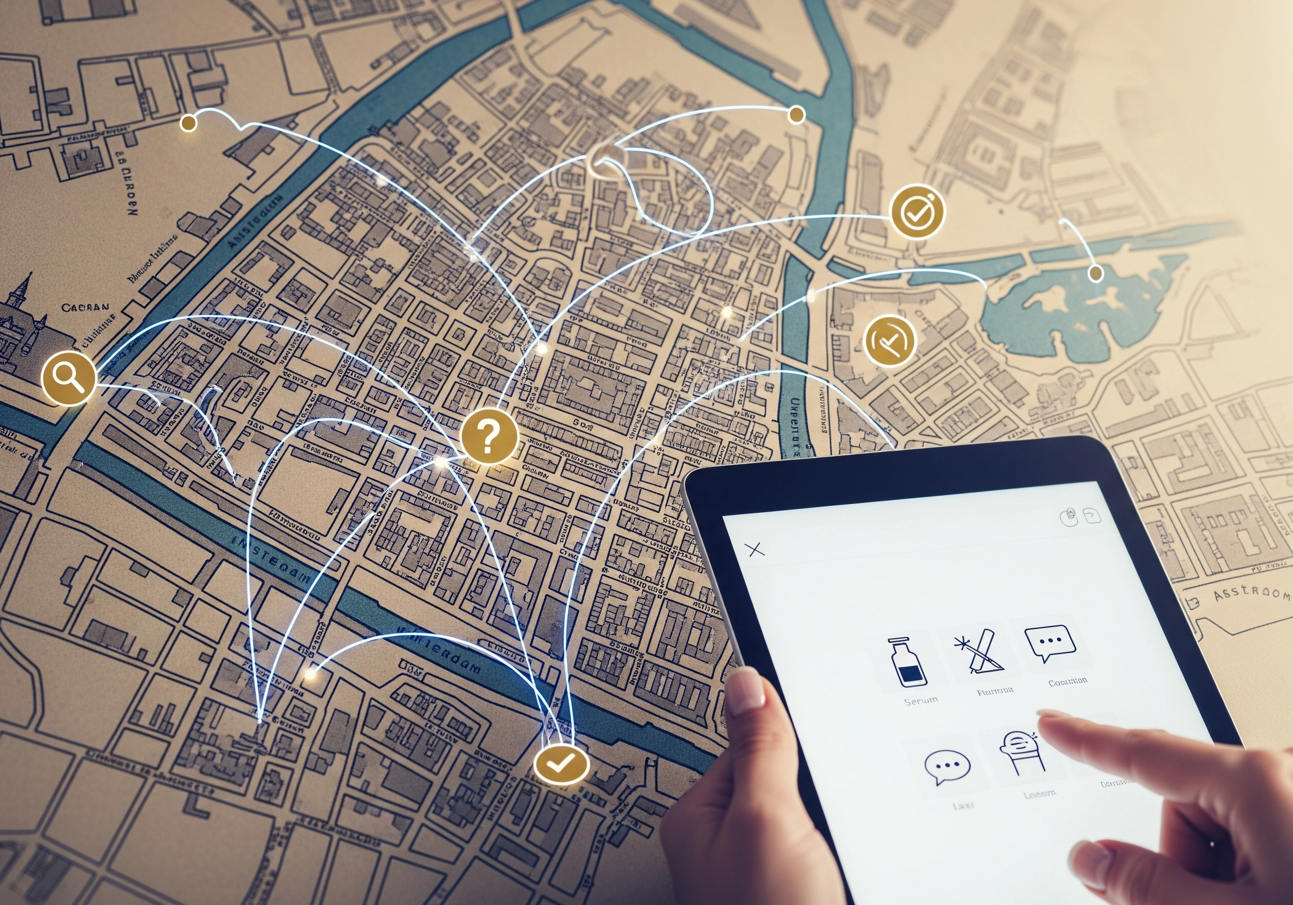 Amsterdam map overlaid with digital icons, tablet displaying location-based services.