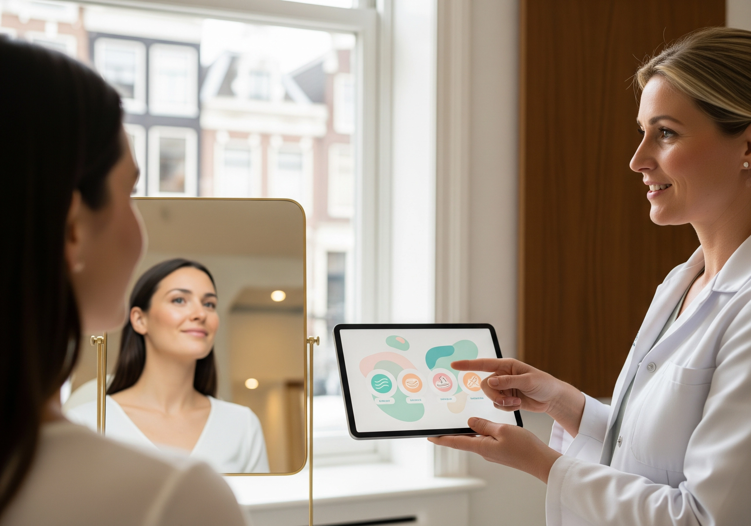 Woman in lab coat explaining facial treatment options on a tablet to a client.