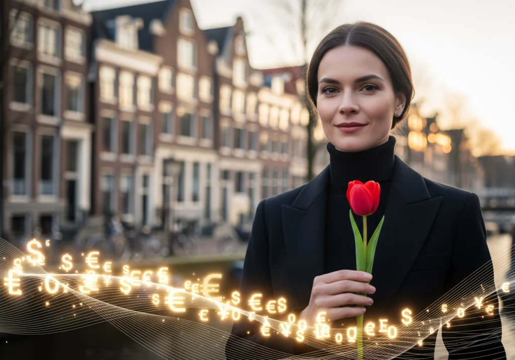 Woman with tulip and currency graphics in Amsterdam; consider MJ Amsterdam beauty salon.
