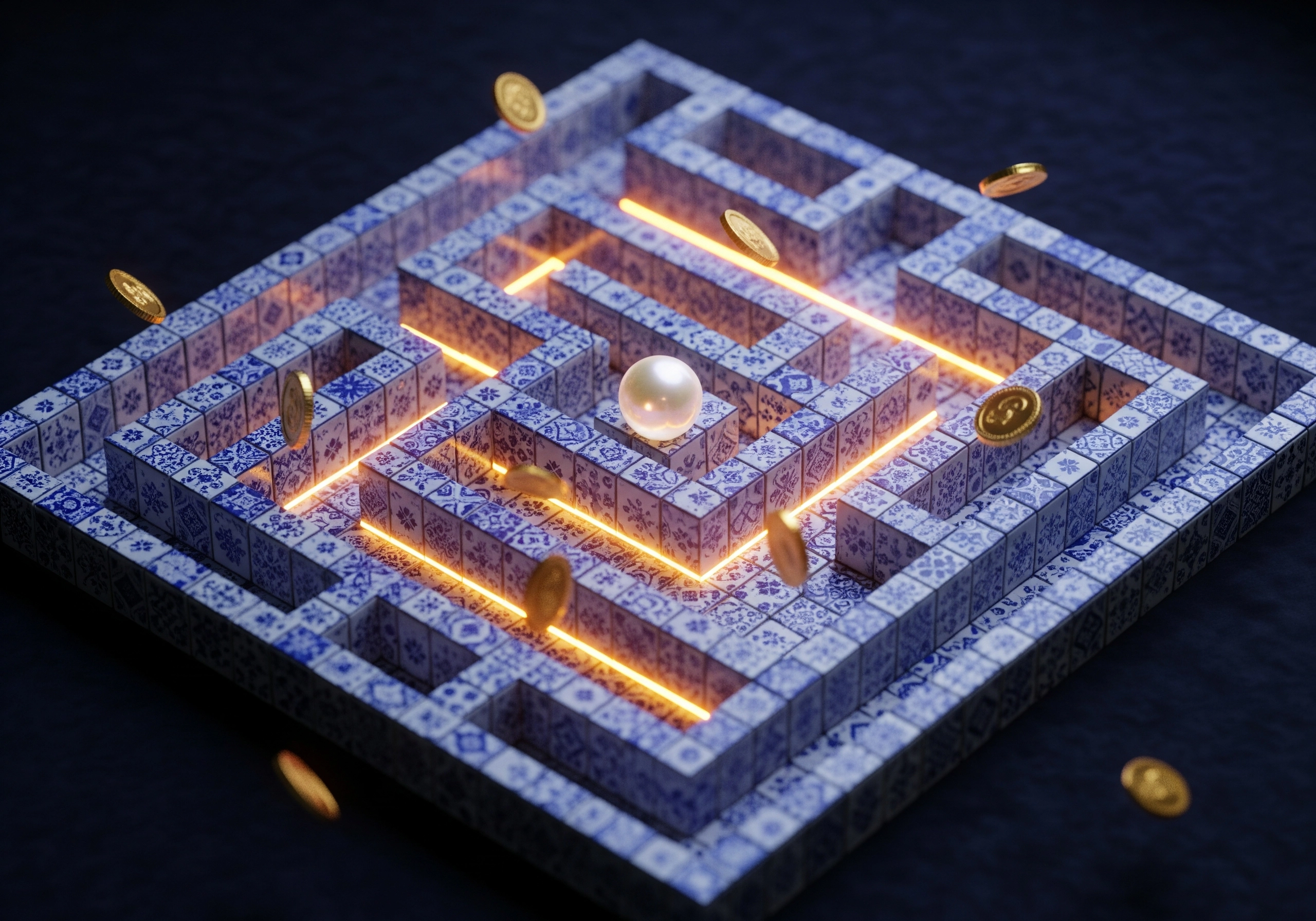 Maze with pearl center and floating coins, representing finding the best beauty treatment Amsterdam.