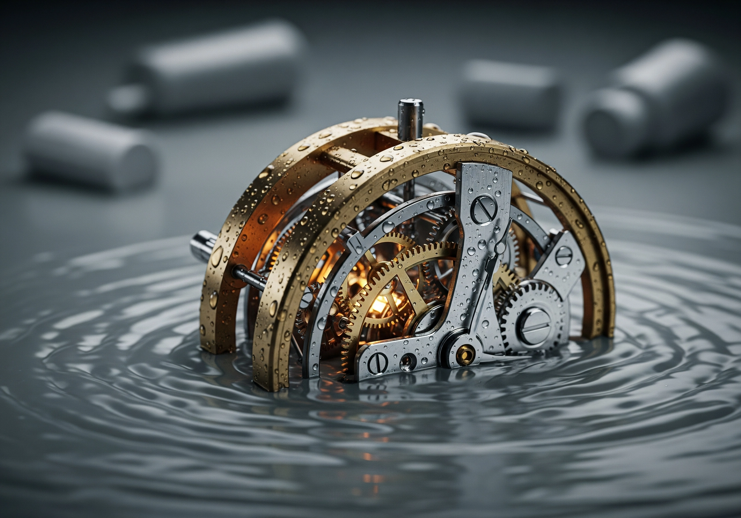 Close-up of intricate gears submerged in water, representing complex beauty salon savings.