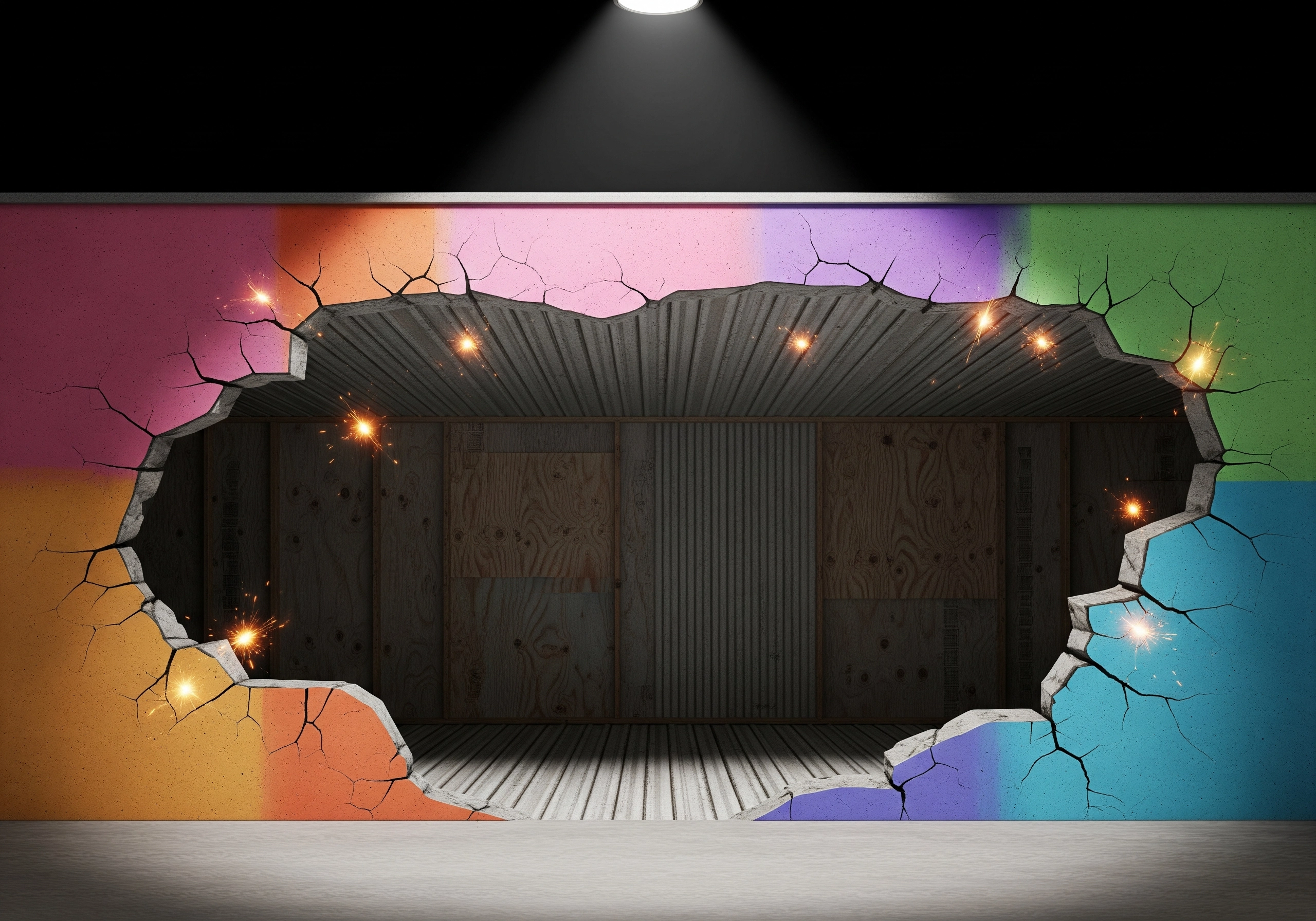 Cracked colorful wall revealing a wooden structure under a spotlight.