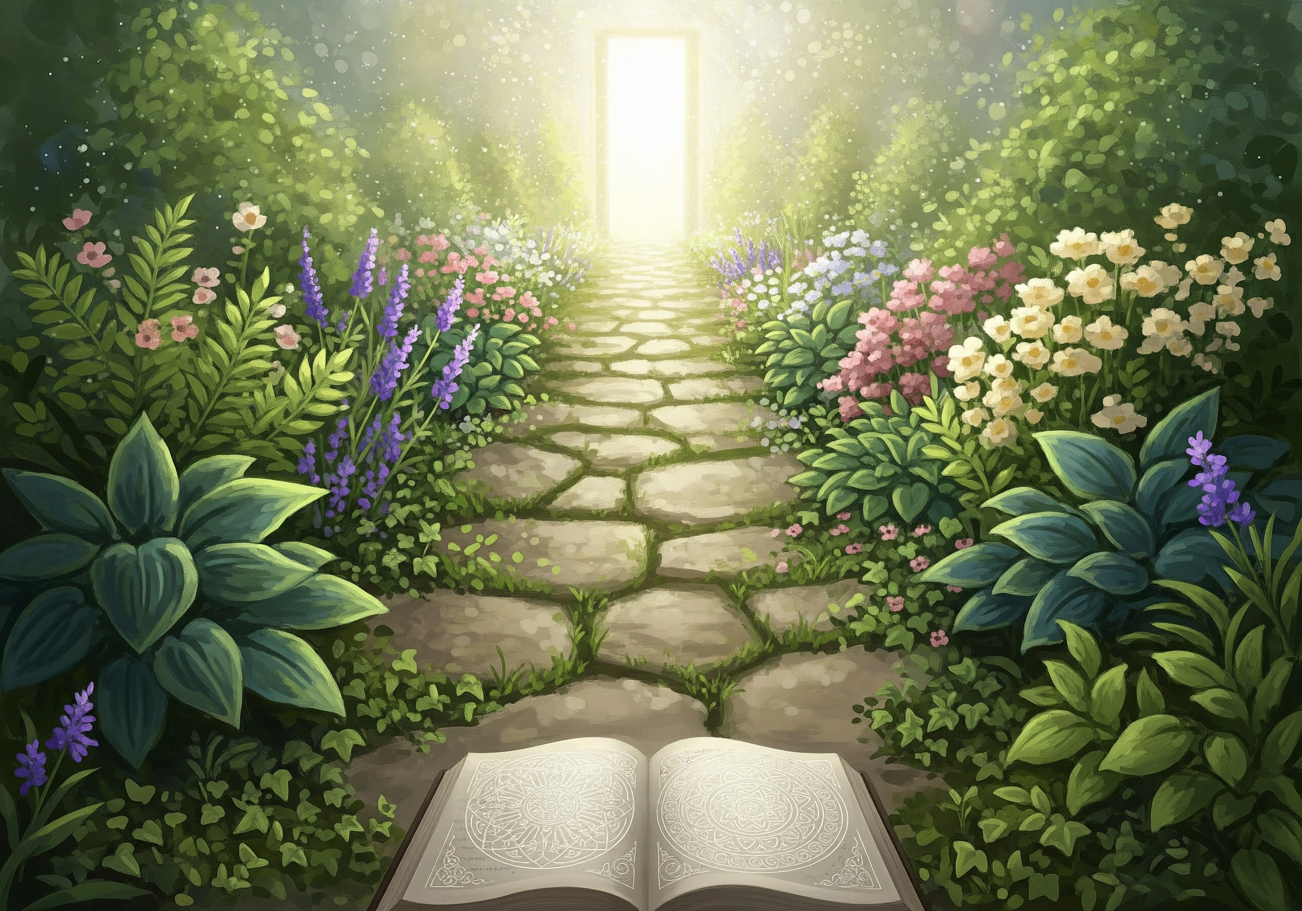 Stone path through a vibrant garden with an open book in the foreground.