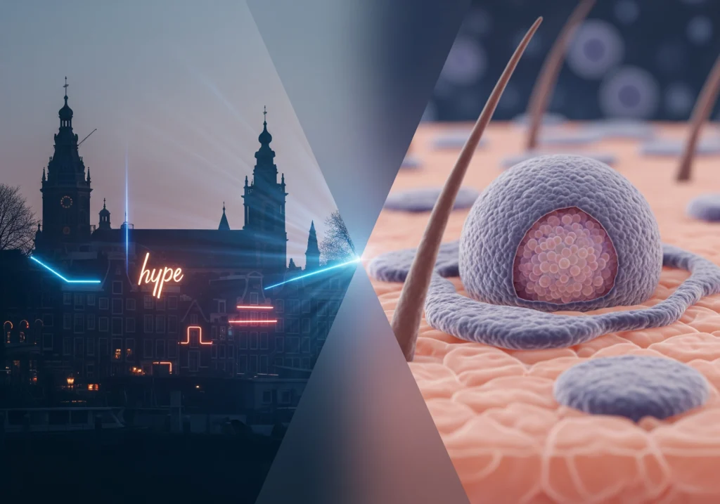 Amsterdam building with neon lights meets skin cell close-up, representing carbon peel treatment.