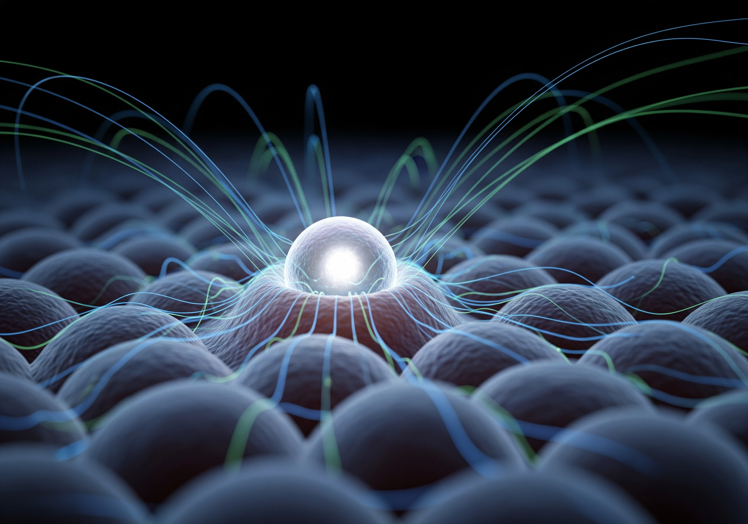 Glowing cell interacting with other cells, illustrating the laser energy in carbon peeling in Amsterdam.