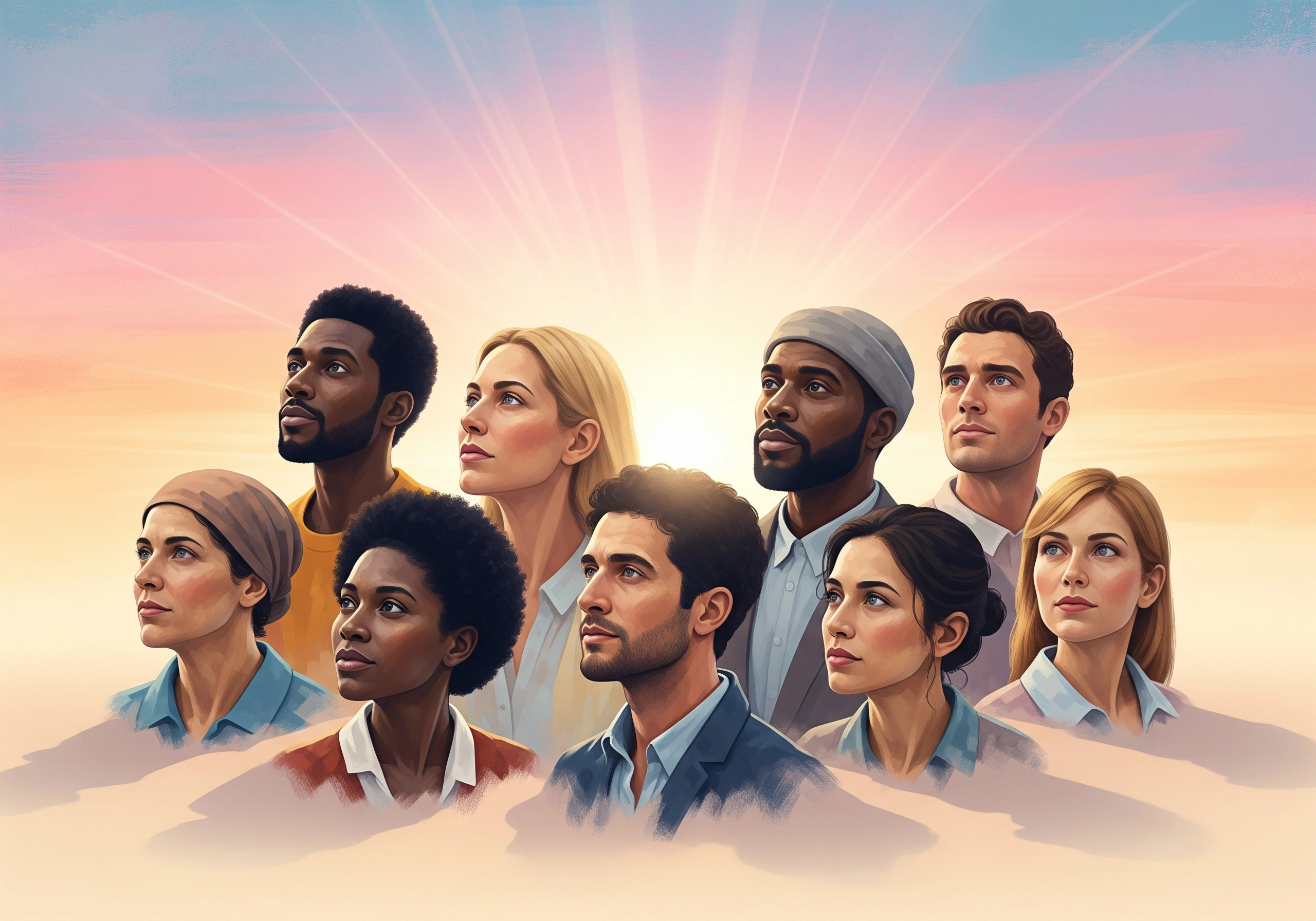 Diverse group of people looking upwards against a pastel sky backdrop.