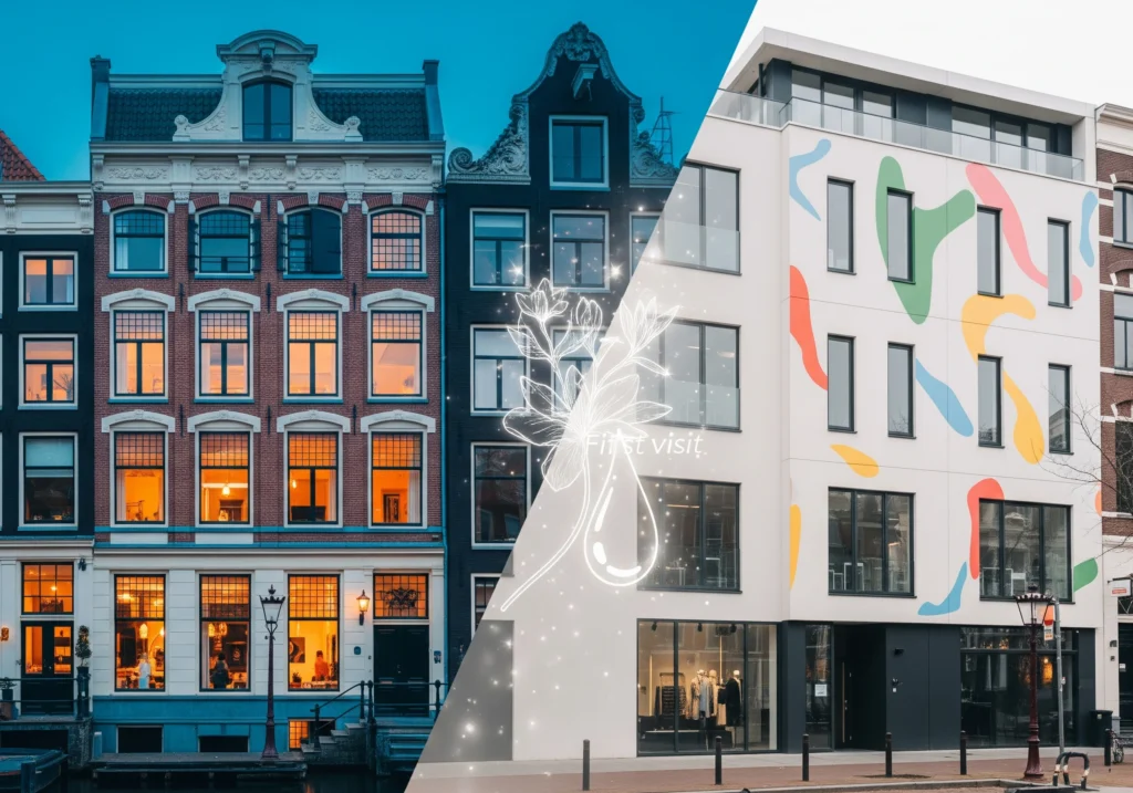 Amsterdam buildings split with 'First Visit' graphic, showcasing beauty salon options.