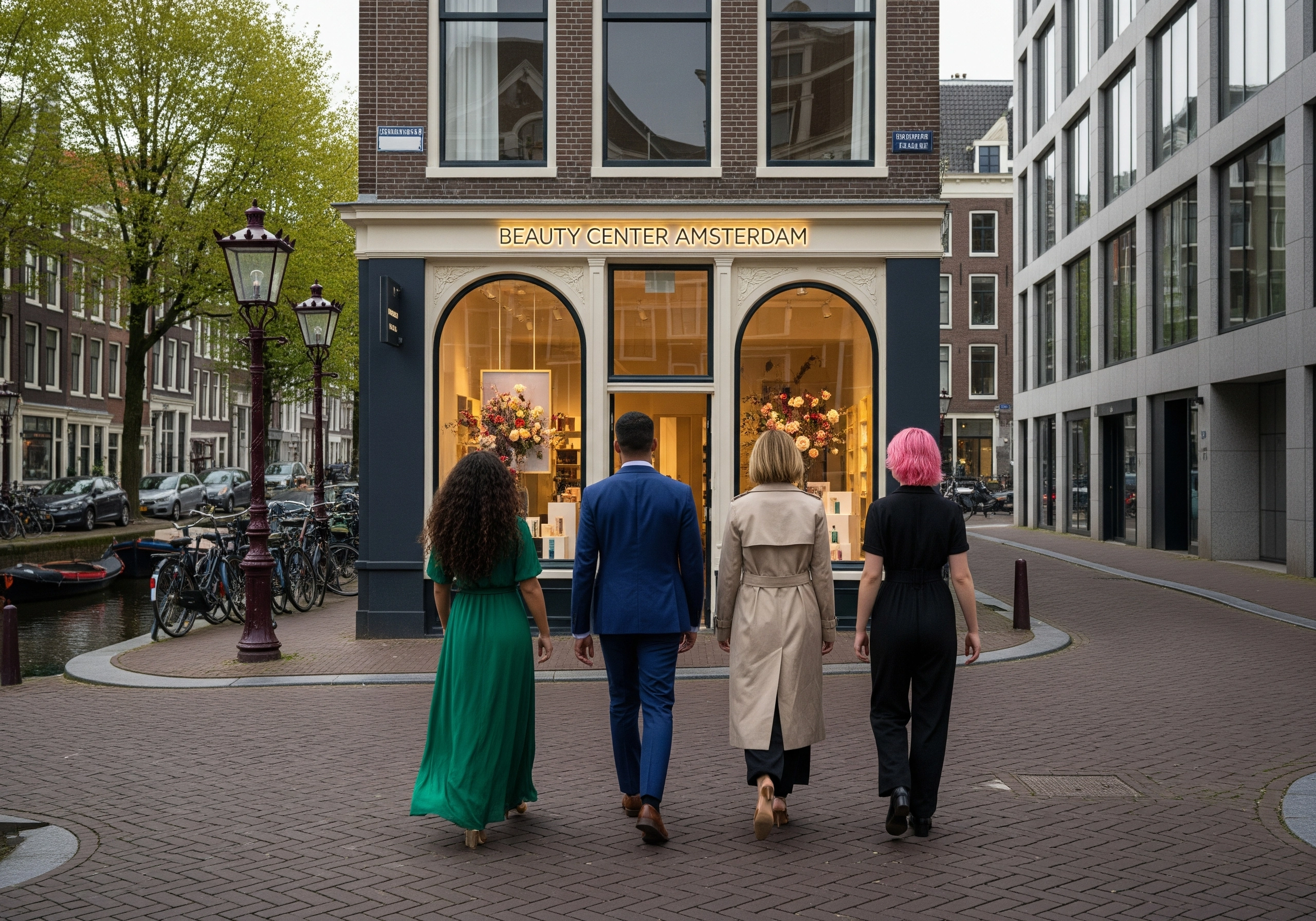 People walking toward a 'Beauty Center Amsterdam', a popular beauty salon Amsterdam.