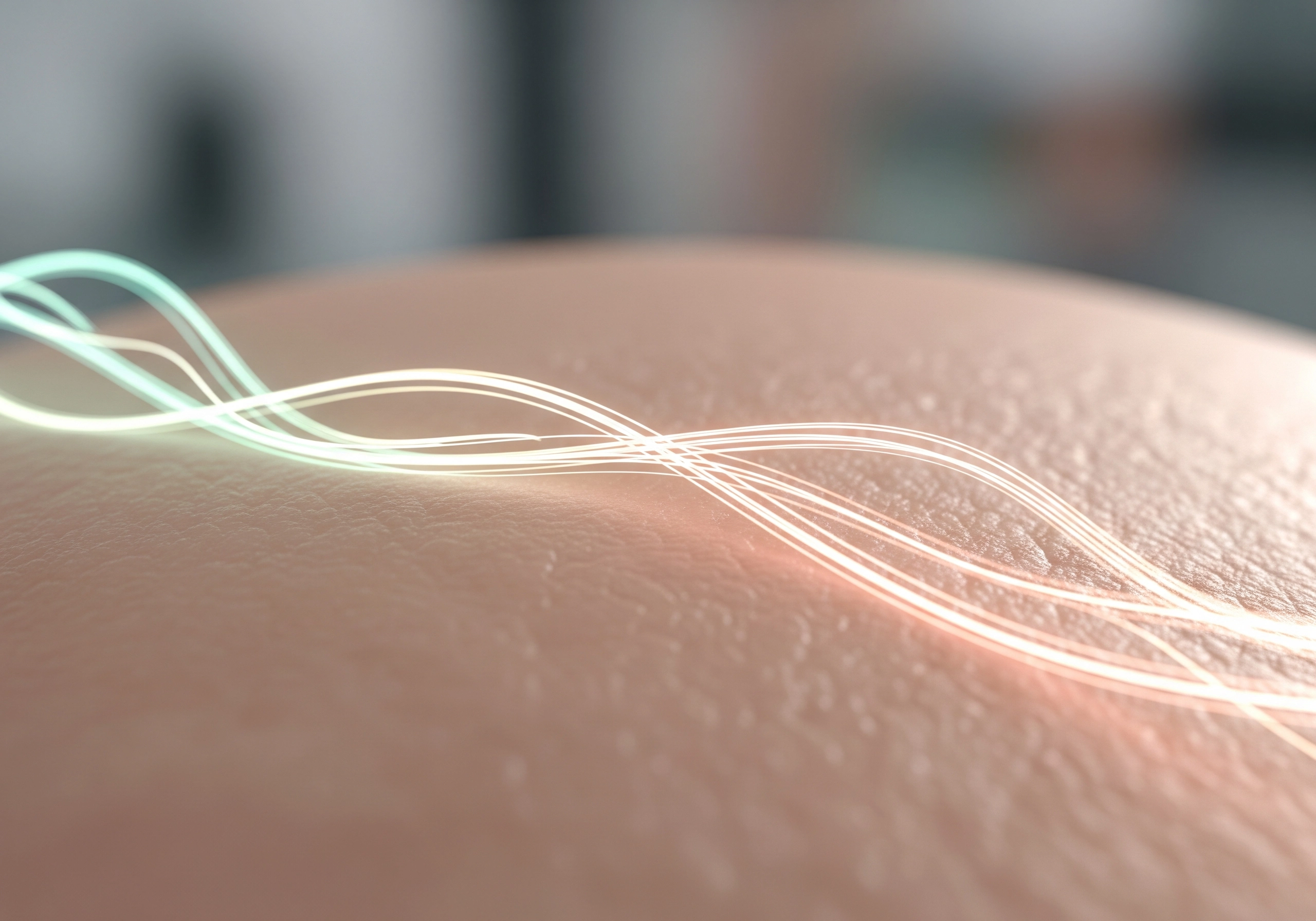 Close-up of skin with glowing strands, representing a modern beauty treatment.