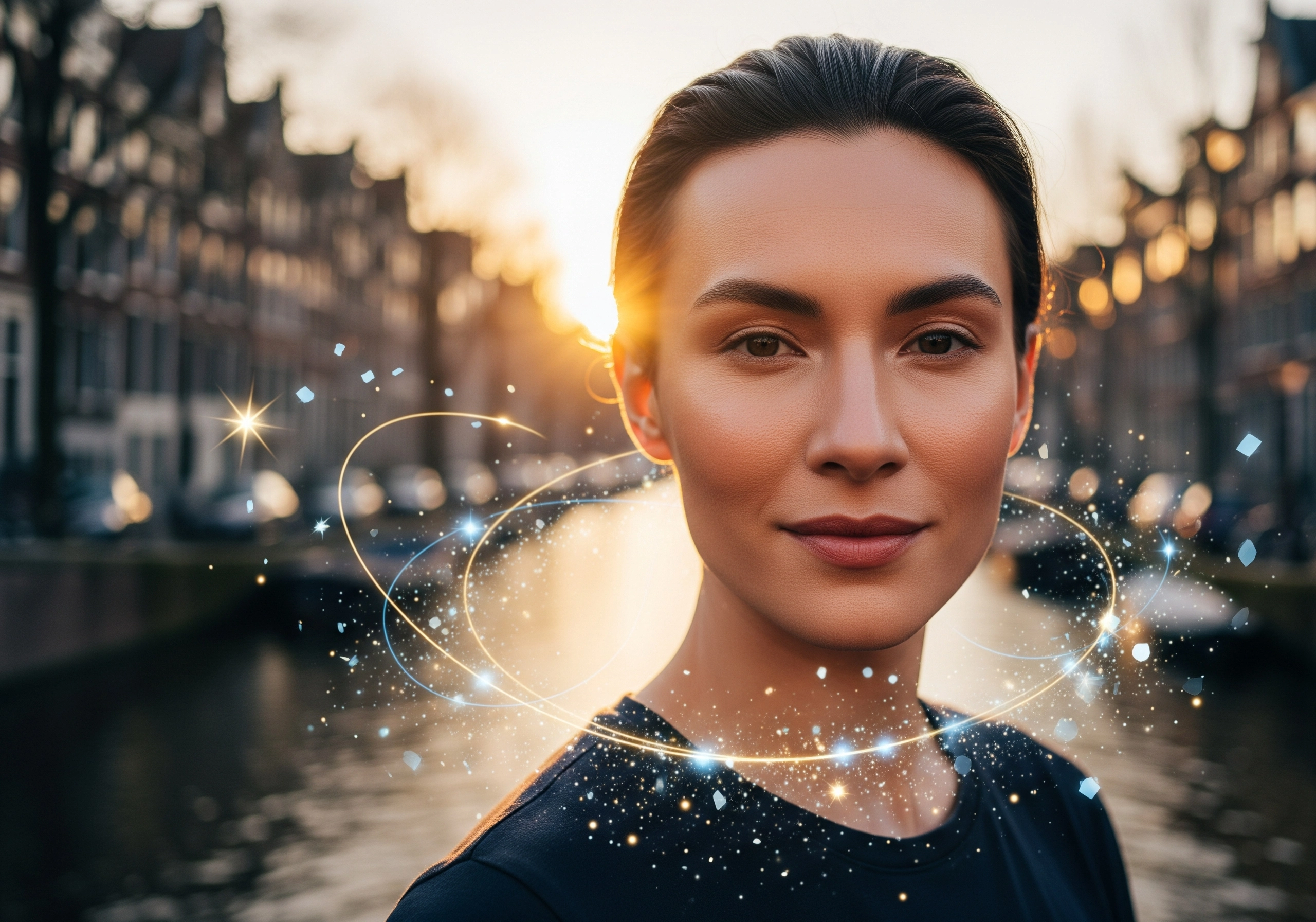 Close-up of a woman in Amsterdam, possibly after a beauty treatment Amsterdam, with glowing effects.