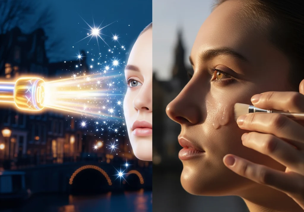 Carbon peeling Amsterdam concept: Laser over city split with woman applying skin treatment.