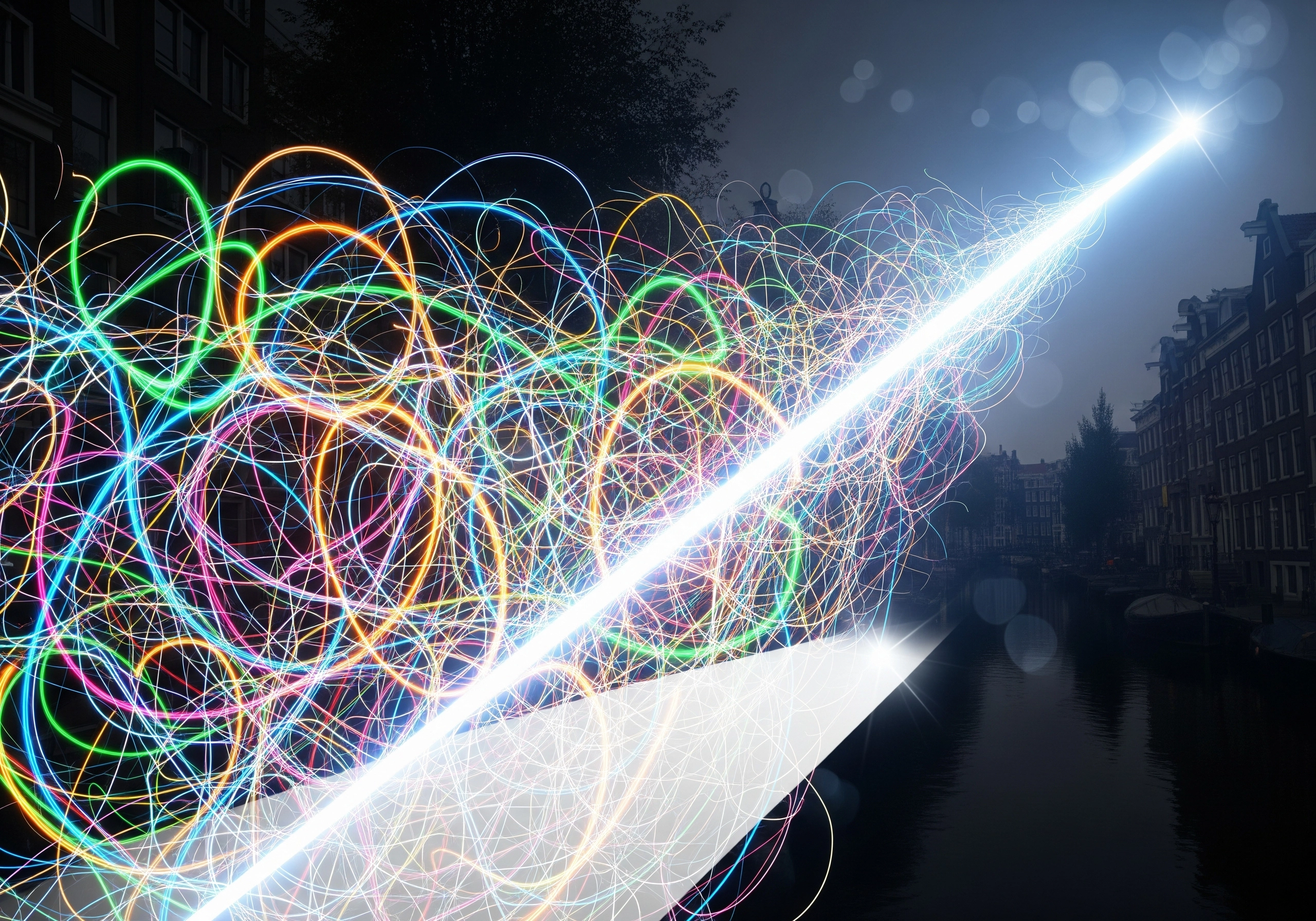Abstract laser beam over Amsterdam canal, potentially representing carbon laser peel benefits.