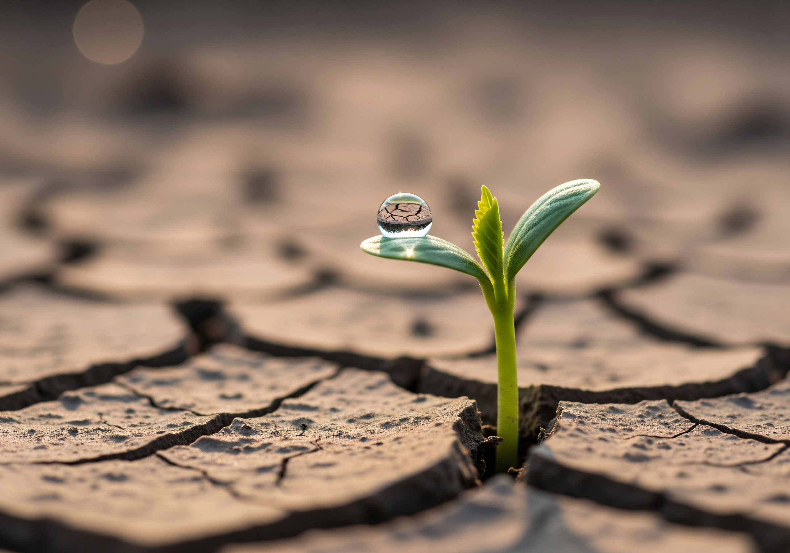 Close-up of sprout with water droplet in cracked earth, symbolizing skin renewal.