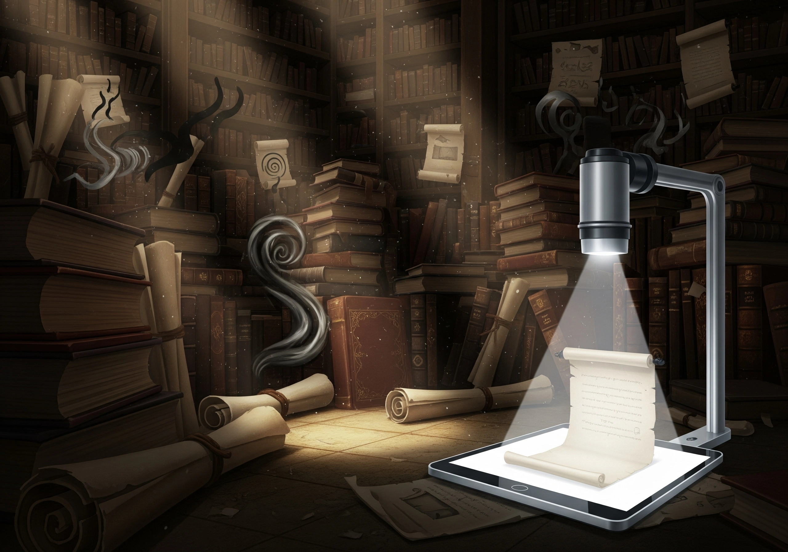 Stacks of books, scrolls, and spectral effects in a softly lit, magical library setting.