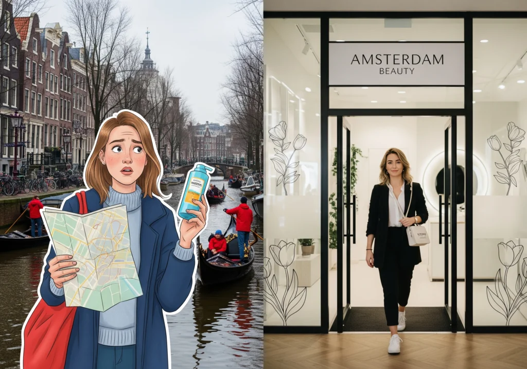 Worried tourist consults map, Amsterdam canal scene. Beauty salon entrance with stylish woman.