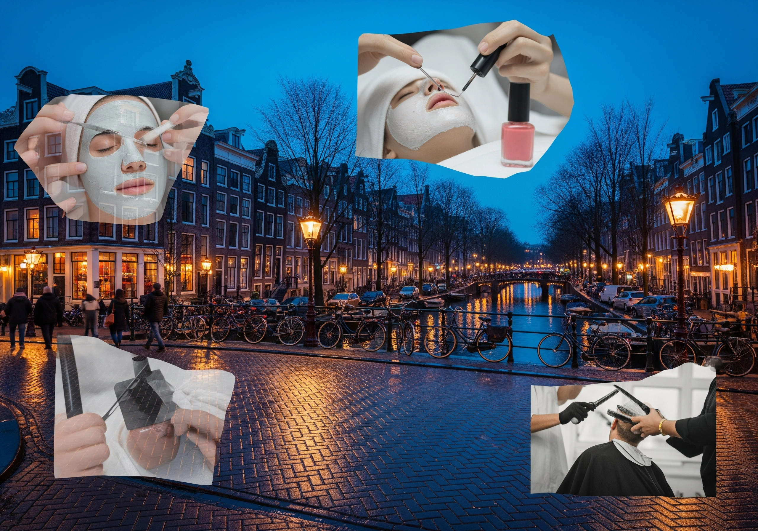 Amsterdam canal at twilight with superimposed images of beauty treatments.