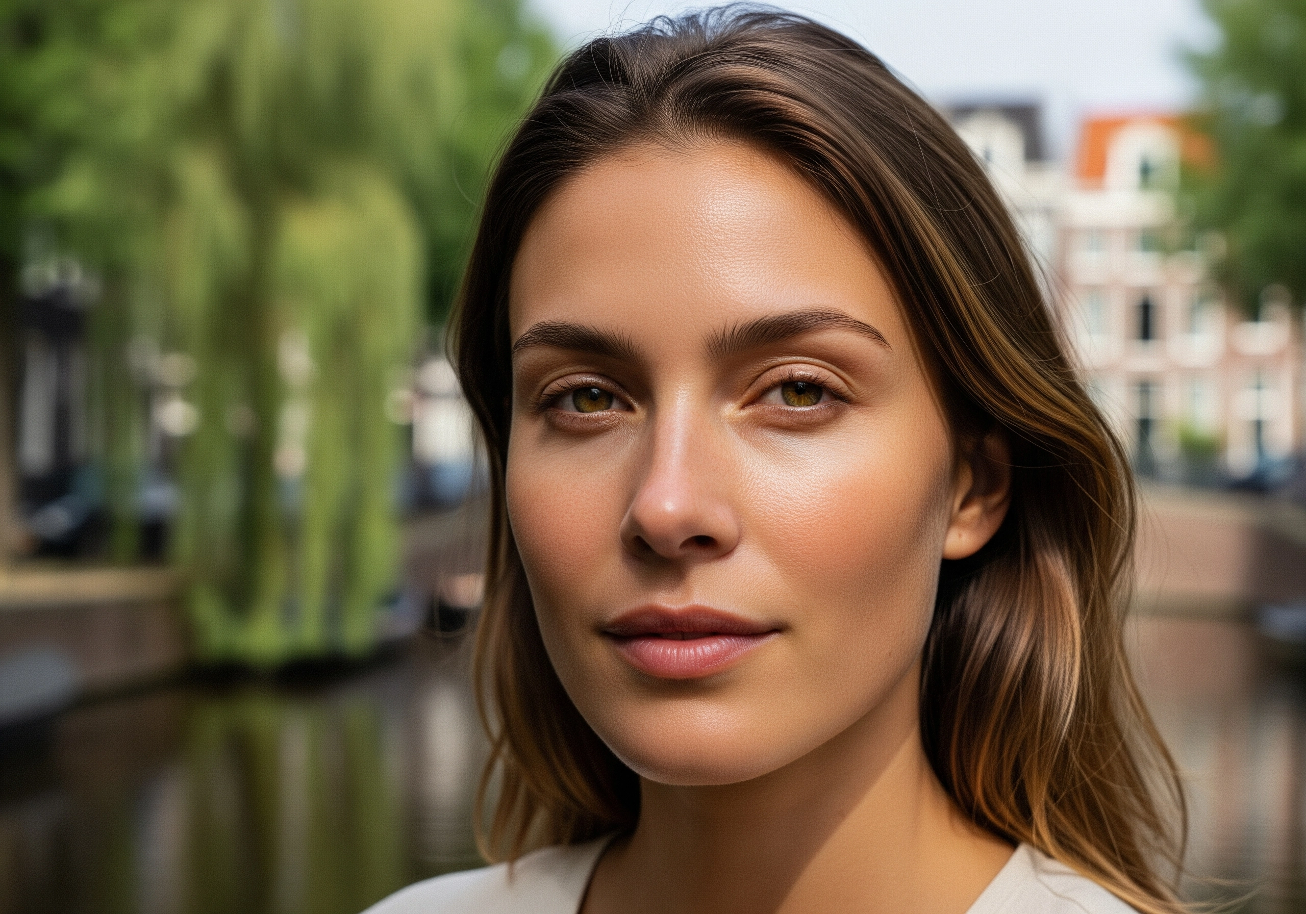 Close-up of a woman with tan skin and brown hair; Amsterdam canal in background.