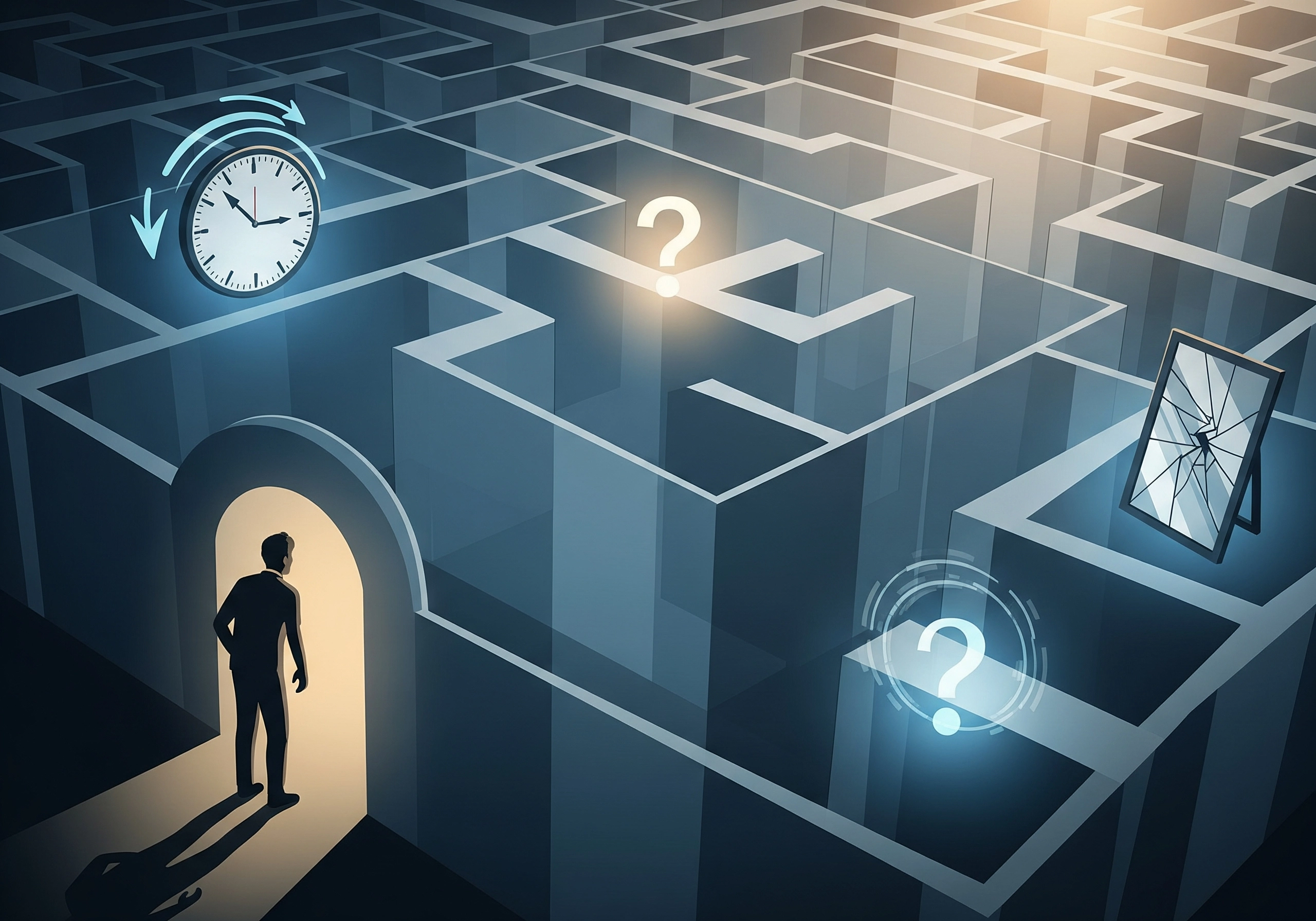 Man entering a maze with question marks, clock, and broken mirror.