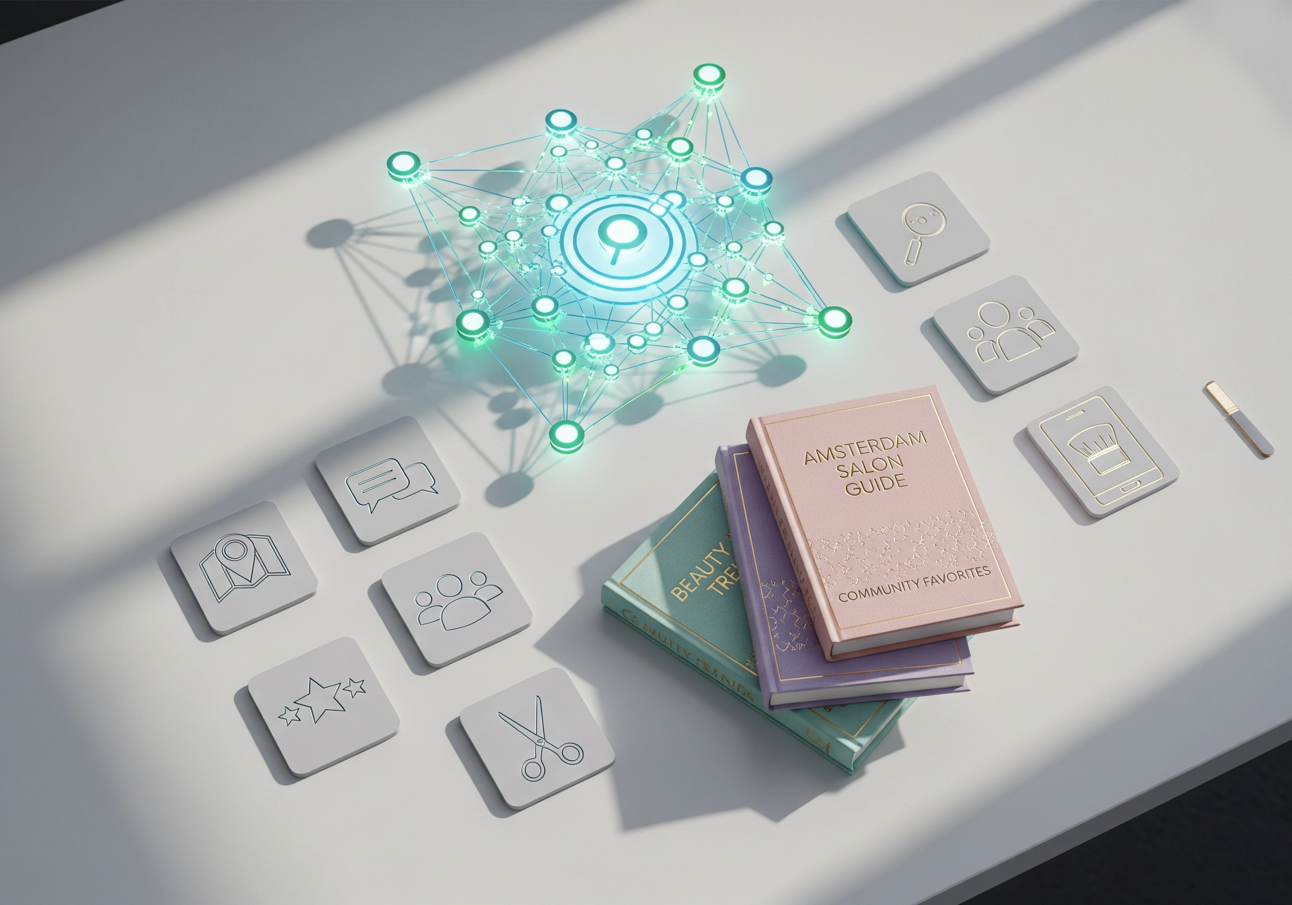 Amsterdam Salon Guide books, search icon, and beauty icons.