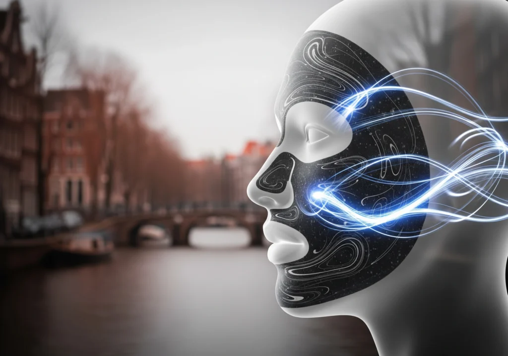 Mannequin head with carbon peel mask and Amsterdam canal backdrop, illustrating carbon peel facial treatments in Amsterdam.