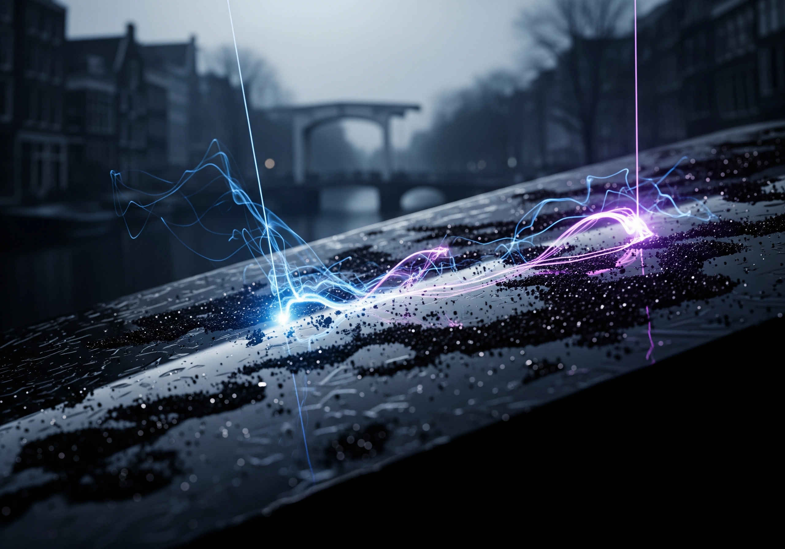 Close-up of a carbon peel being performed with laser beams on skin, with Amsterdam canal in background.