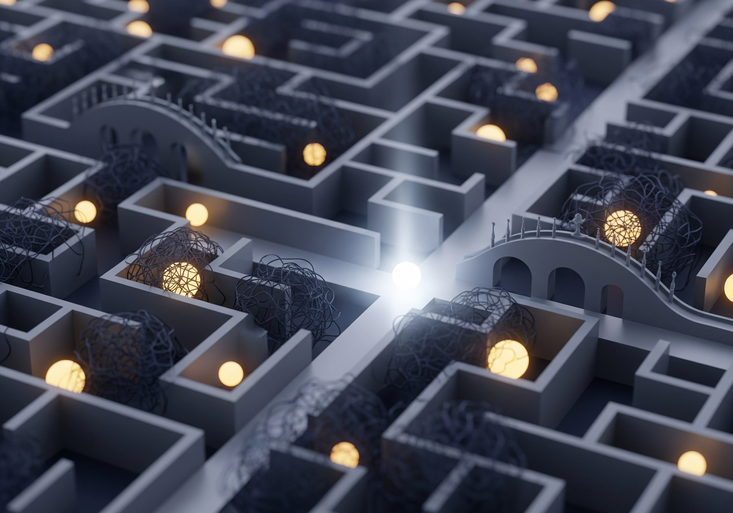 Overhead view of a complex maze illuminated by glowing orbs.