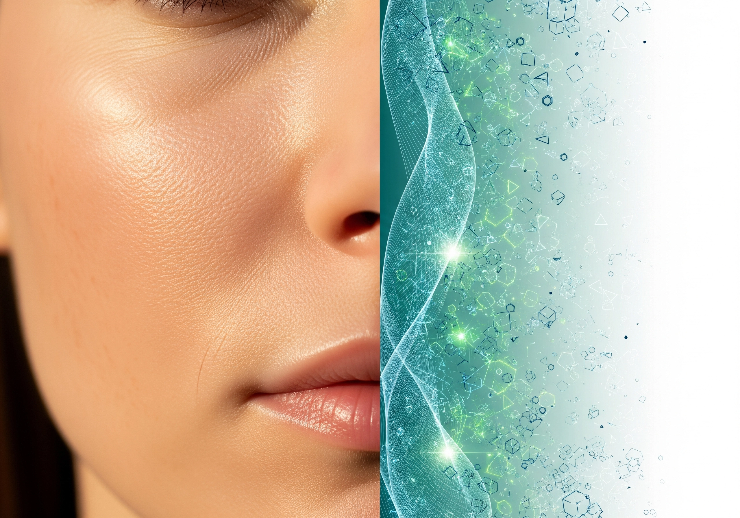 Close-up of woman's face with a skin rejuvenation treatment concept overlay.