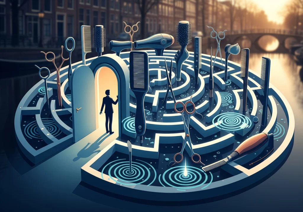Stylized maze of hair tools leading to a door, representing finding the best beauty salon in Amsterdam.