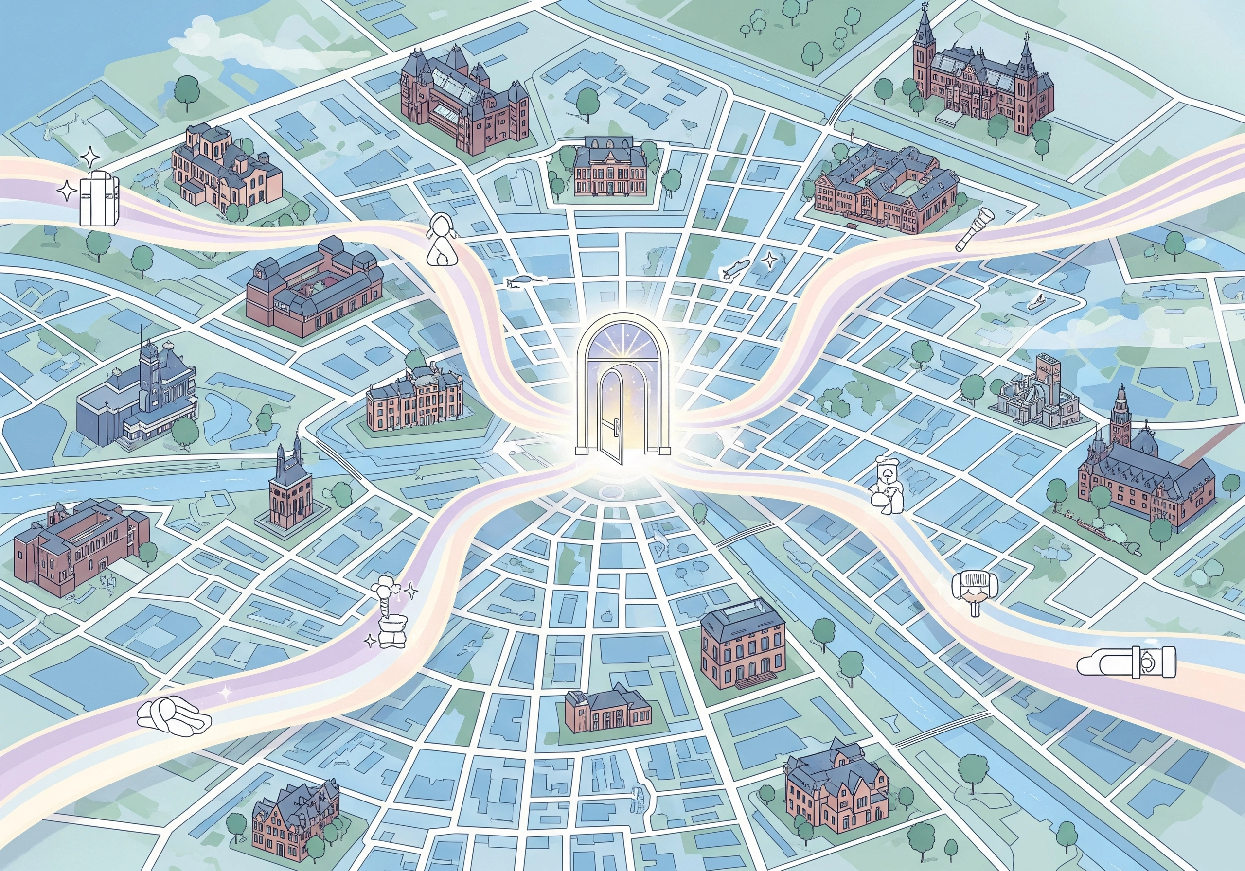 Stylized map of Amsterdam with glowing paths leading to a central door, representing finding local beauty services.