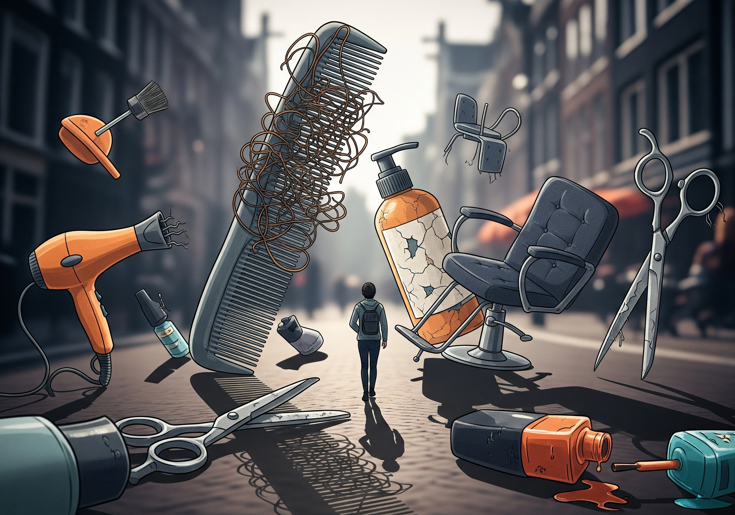 Digital art of Amsterdam street with floating beauty salon tools and a lone figure.
