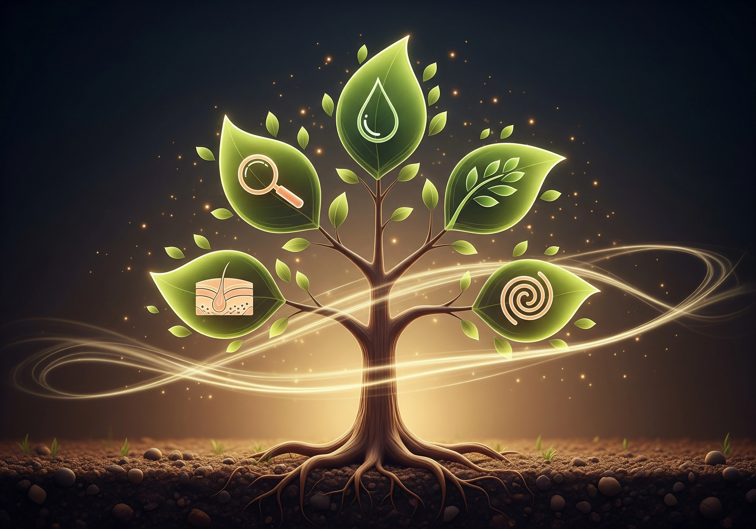 Glowing tree with leaf icons representing natural beauty treatments.