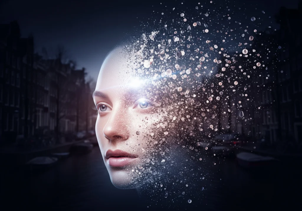 Woman's face dissolving into particles in Amsterdam, representing carbon peel myths.