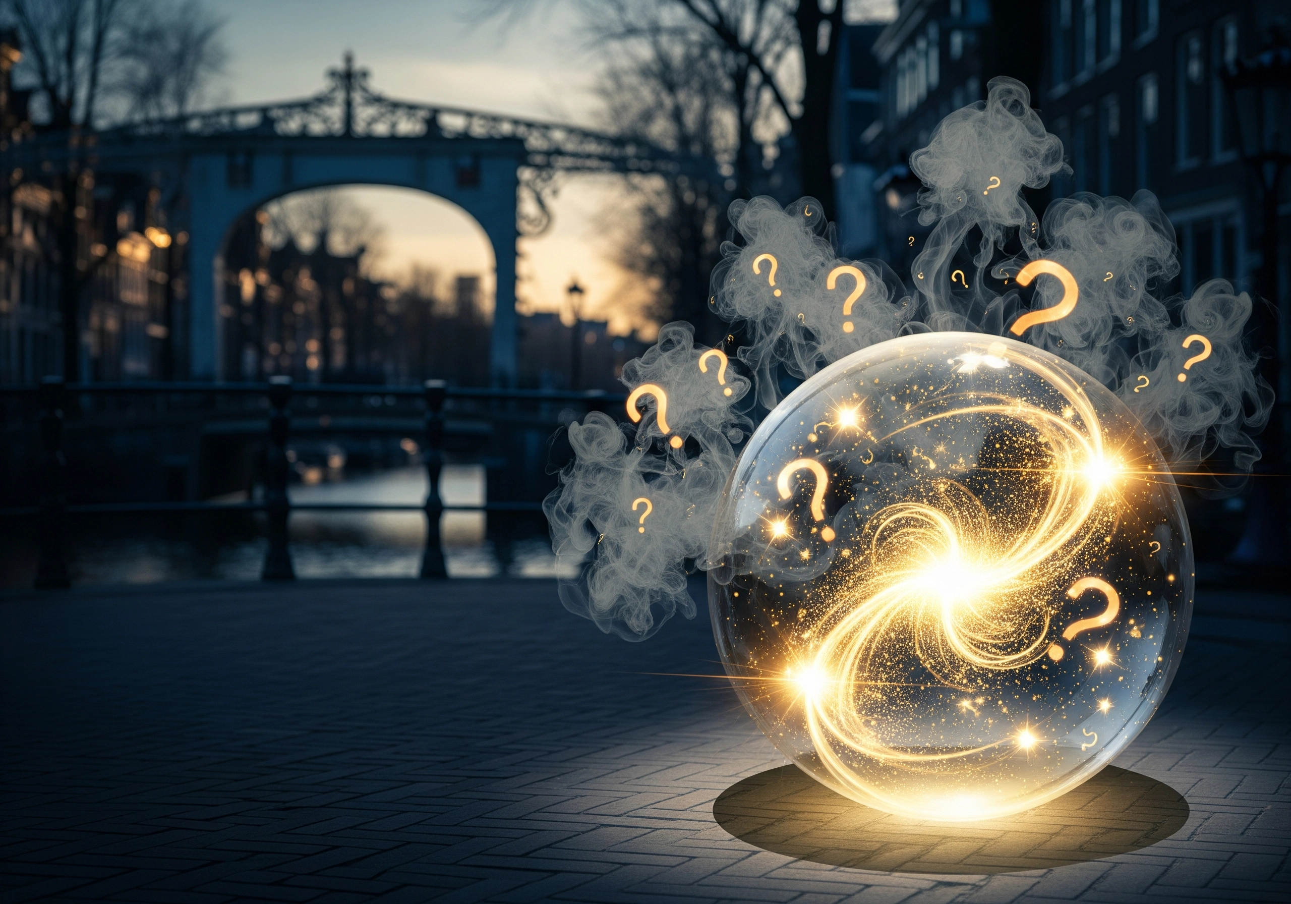 Crystal ball with question marks, Amsterdam bridge background, carbon peel misconceptions.