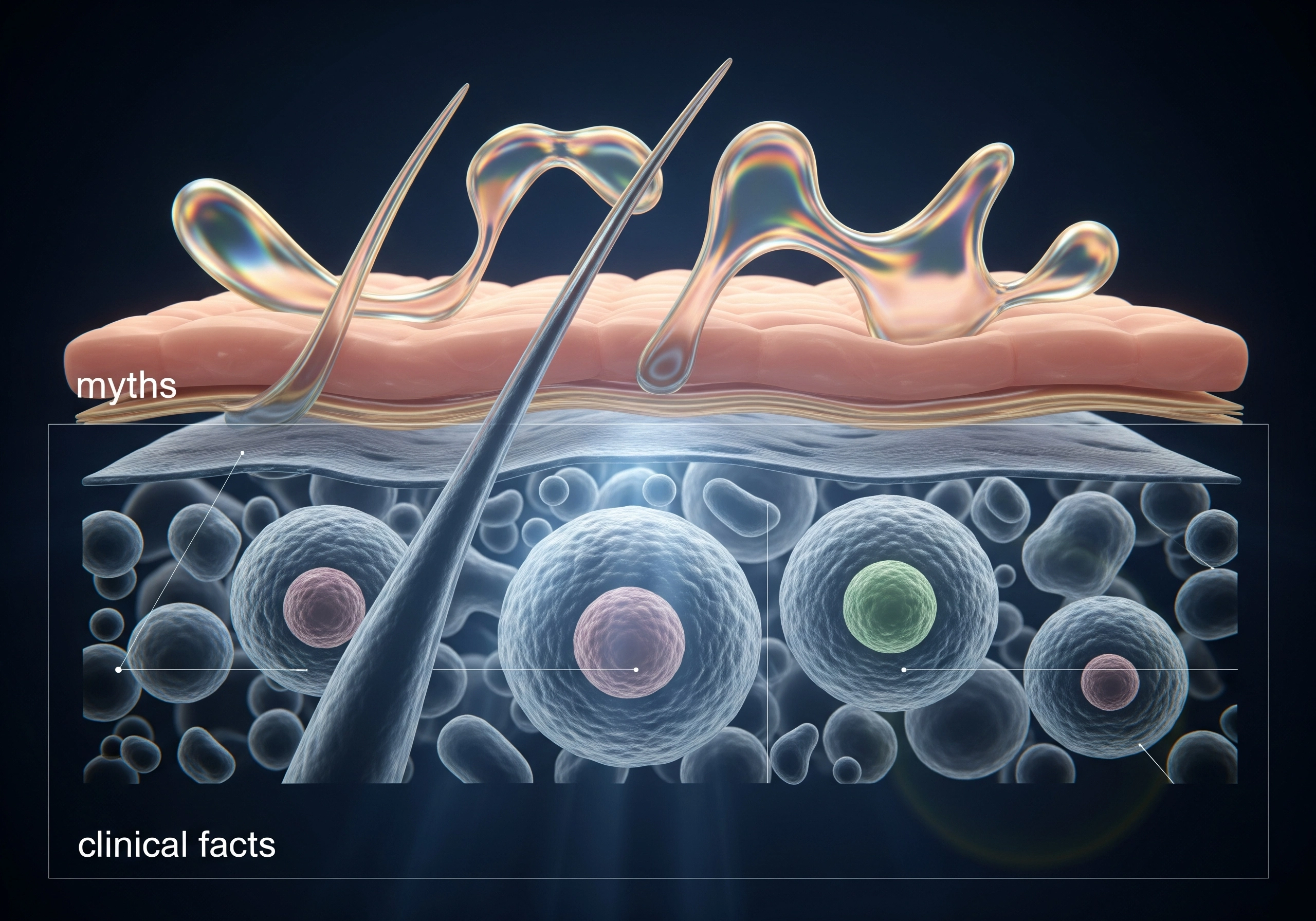 Skin anatomy diagram showing hair follicles; myths vs. clinical facts about skin rejuvenation.