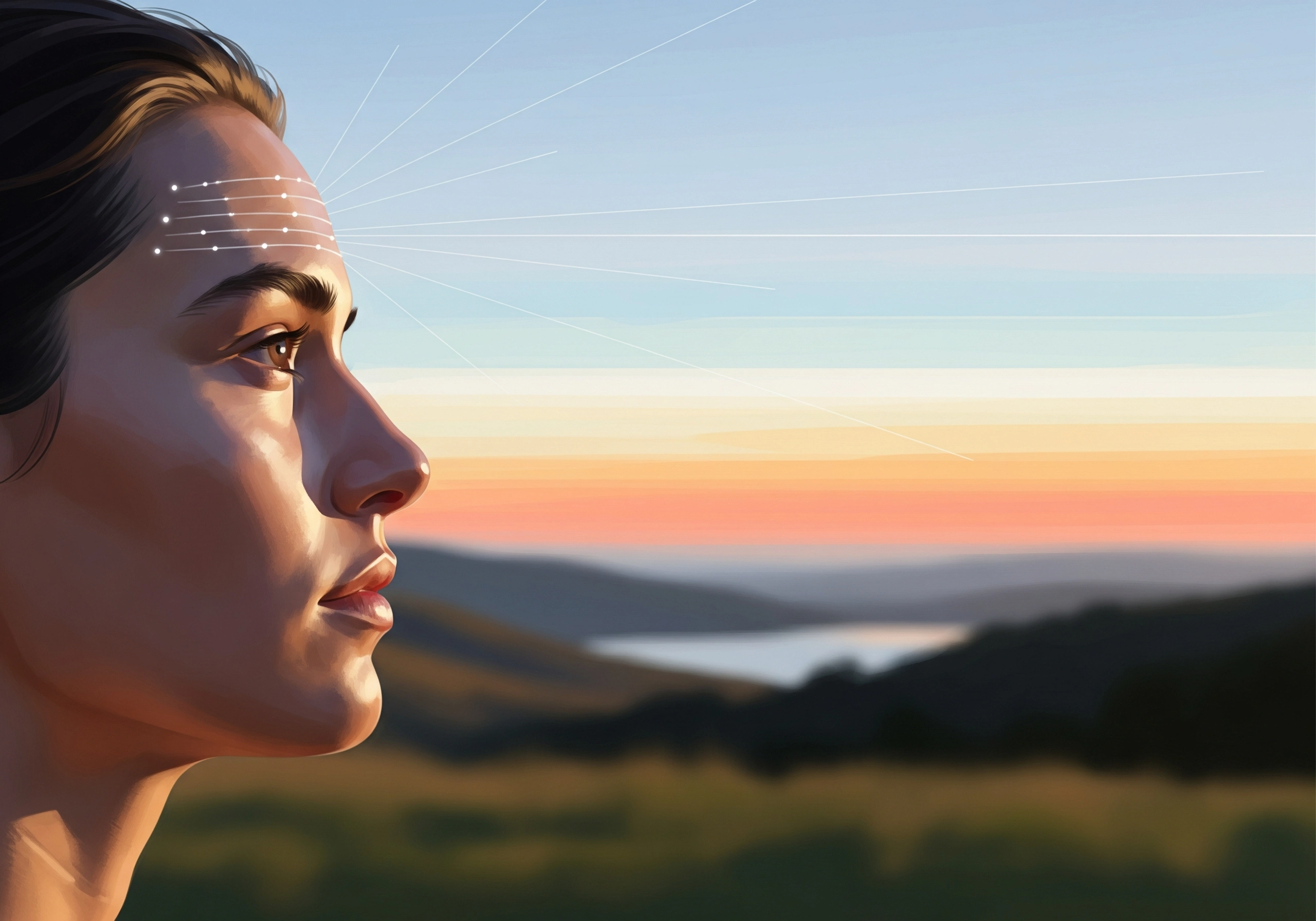 Woman's profile with radiating lines, visualizing carbon peel treatment effects.