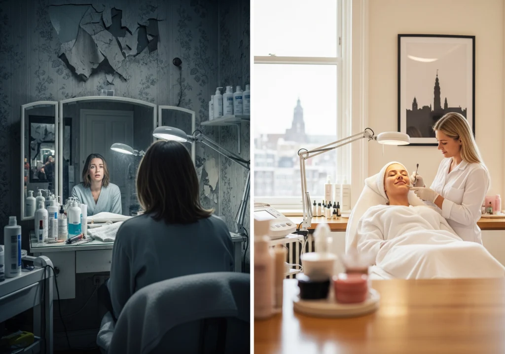 Split image: dilapidated beauty salon vs. modern Amsterdam beauty studio with beautician.